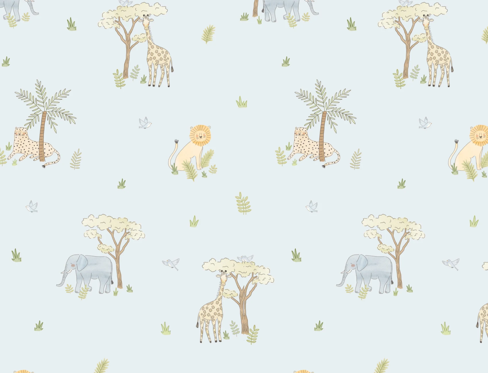 Blau illustrierte bunte Safari-Tiere Tapete