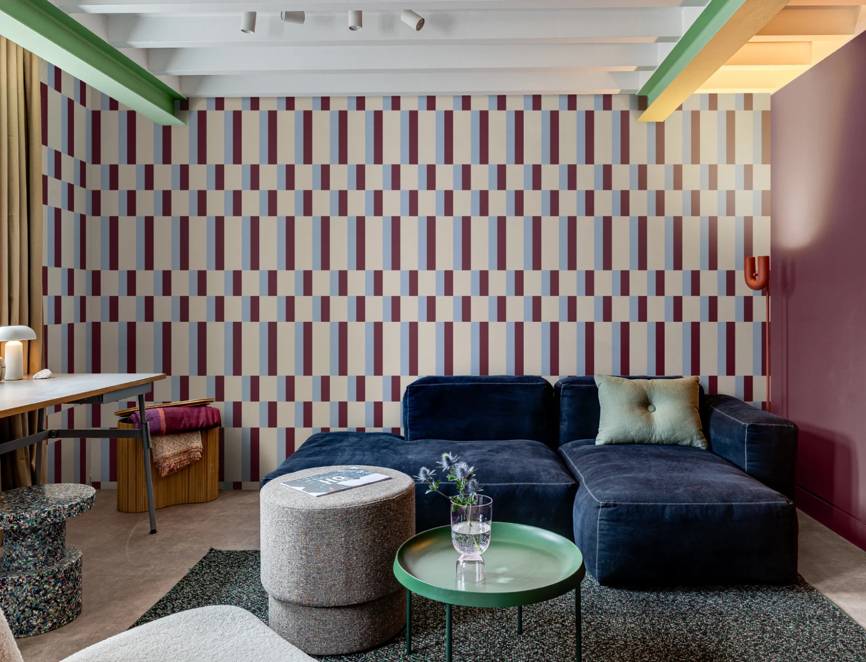 Blue & Burgundy Modern Geometric Bauhaus Wallpaper