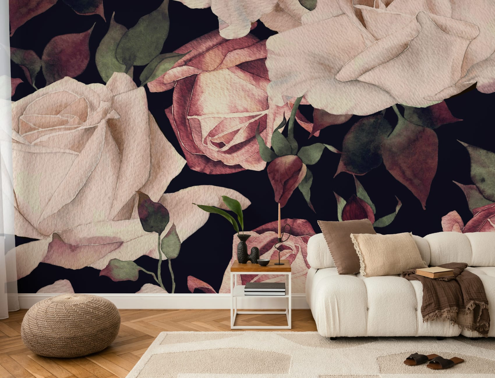 Pink Watercolor Dark Floral Wallpaper Mural