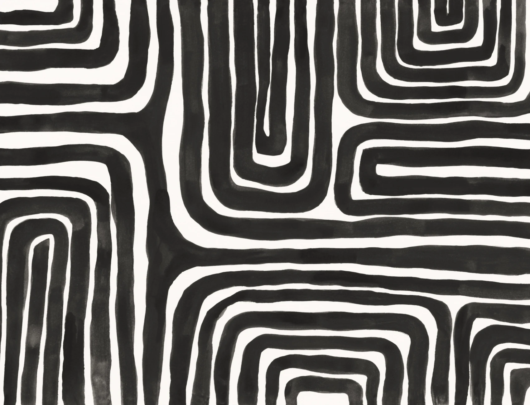 Mural geométrico de laberinto pintado a mano en monocromo