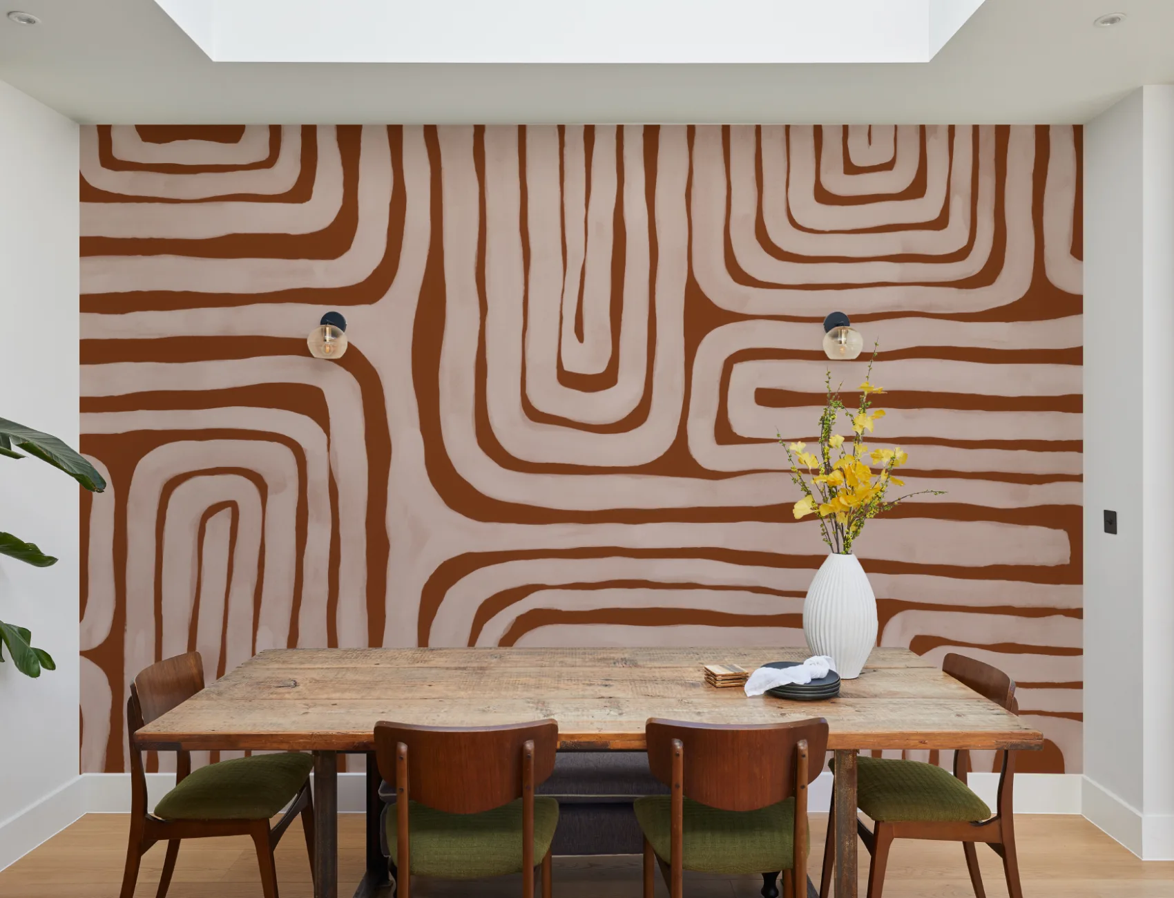 Hand Painted Maze Geometric Mural in Terracotta