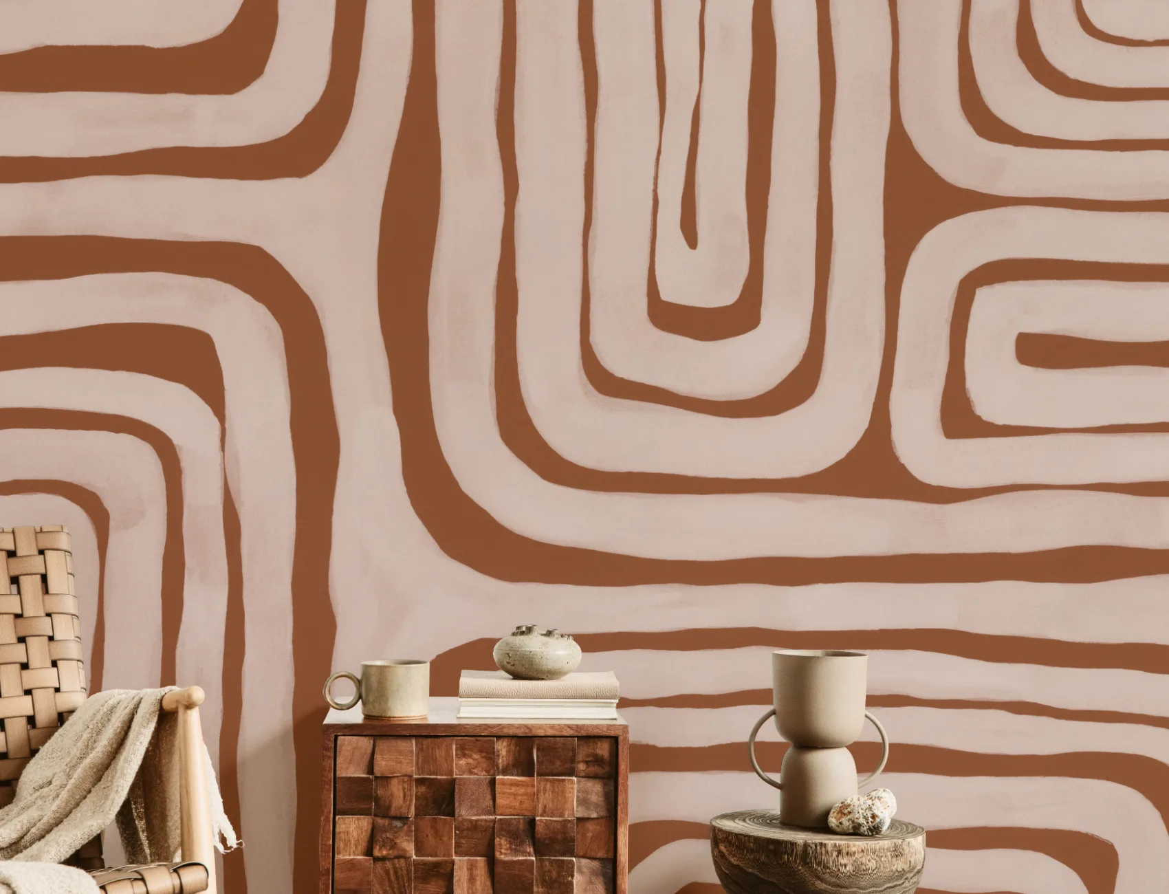 Hand Painted Maze Geometric Mural in Terracotta