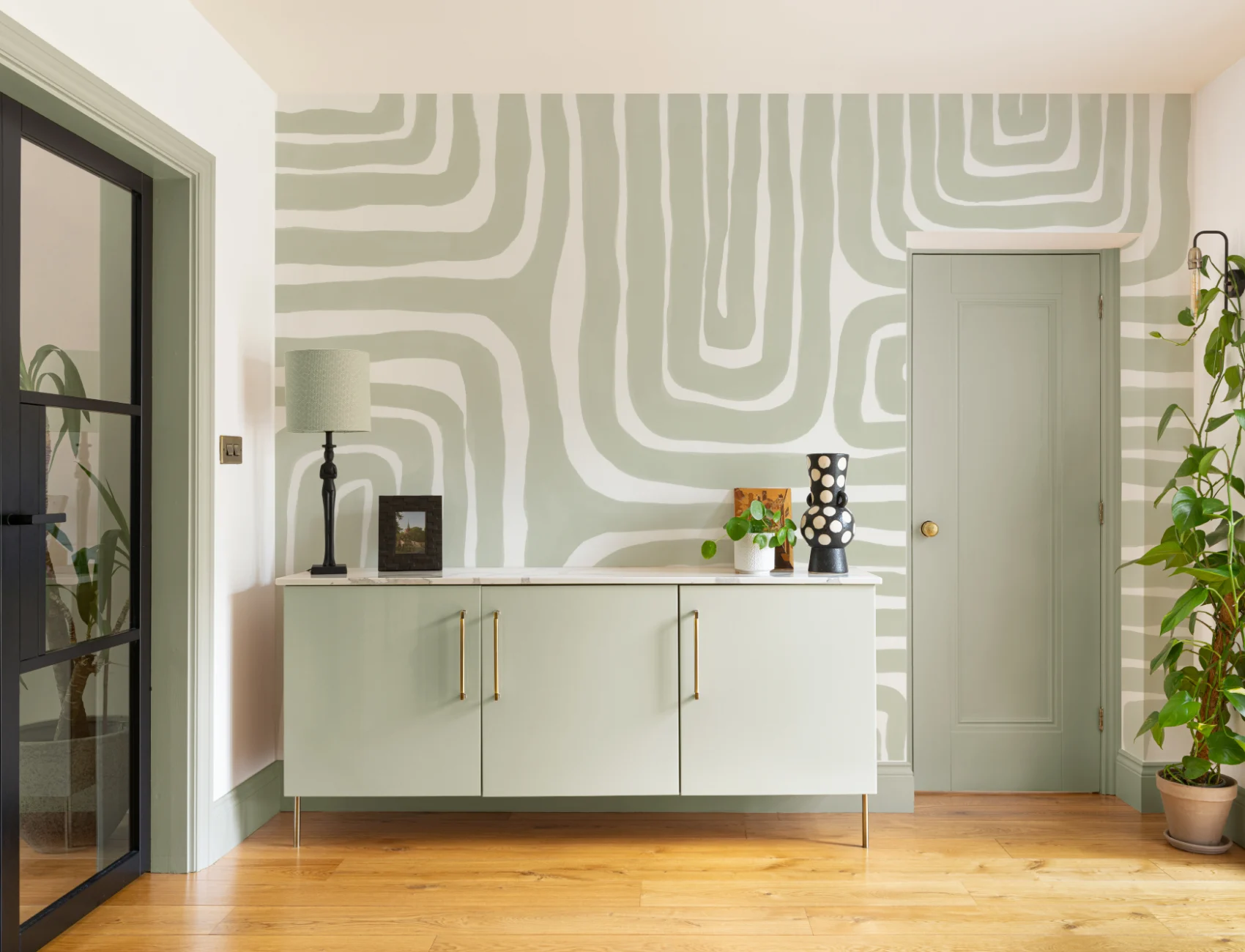 Hand Painted Maze Pattern Modern Geometric Mural in Soft Green