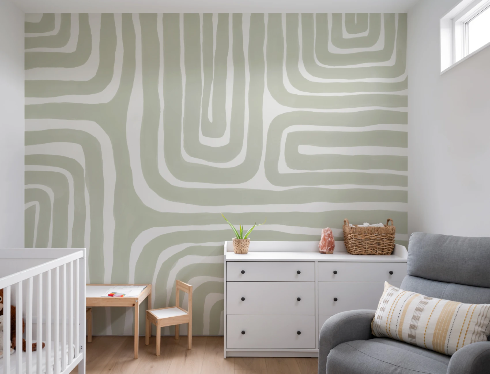 Hand Painted Maze Pattern Modern Geometric Mural in Soft Green