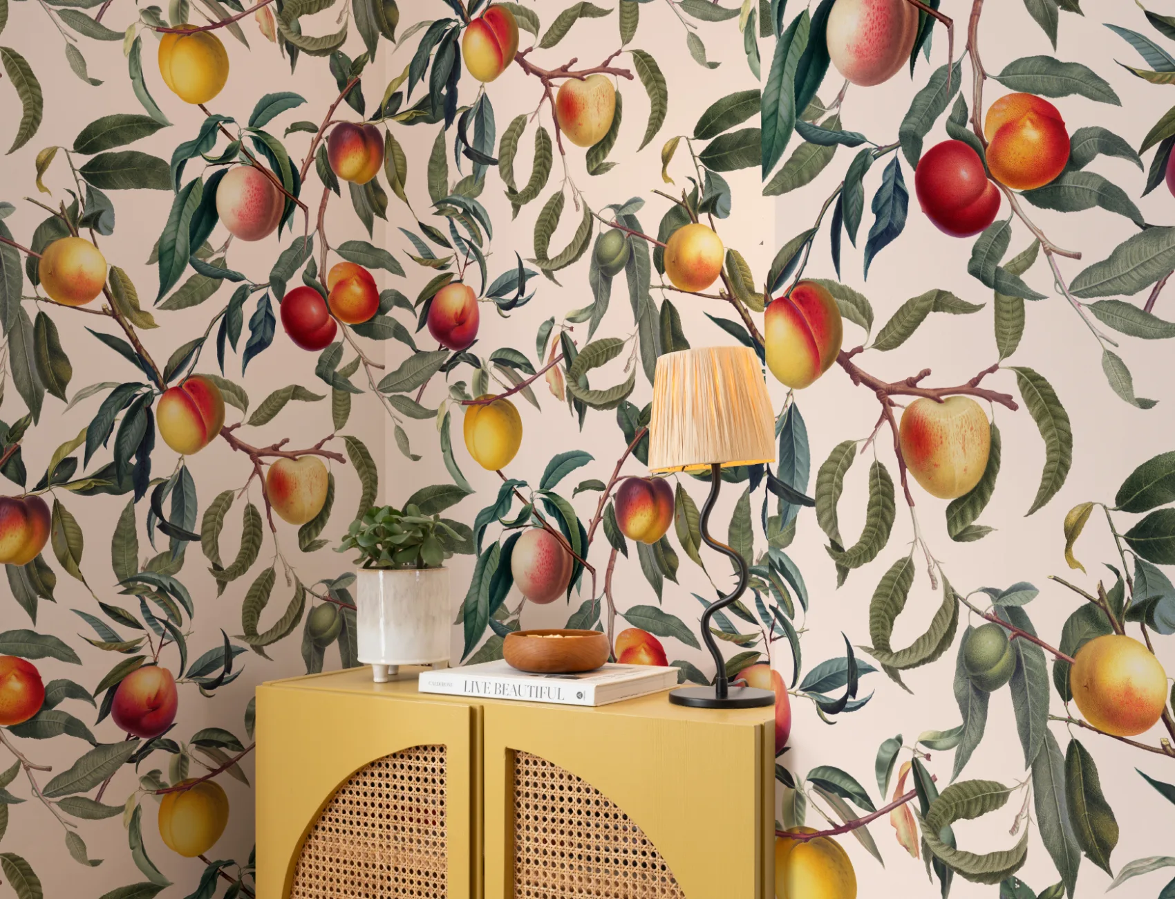 Cream and Green Vintage Botanical Peach Fruit Repeat Pattern Wallpaper