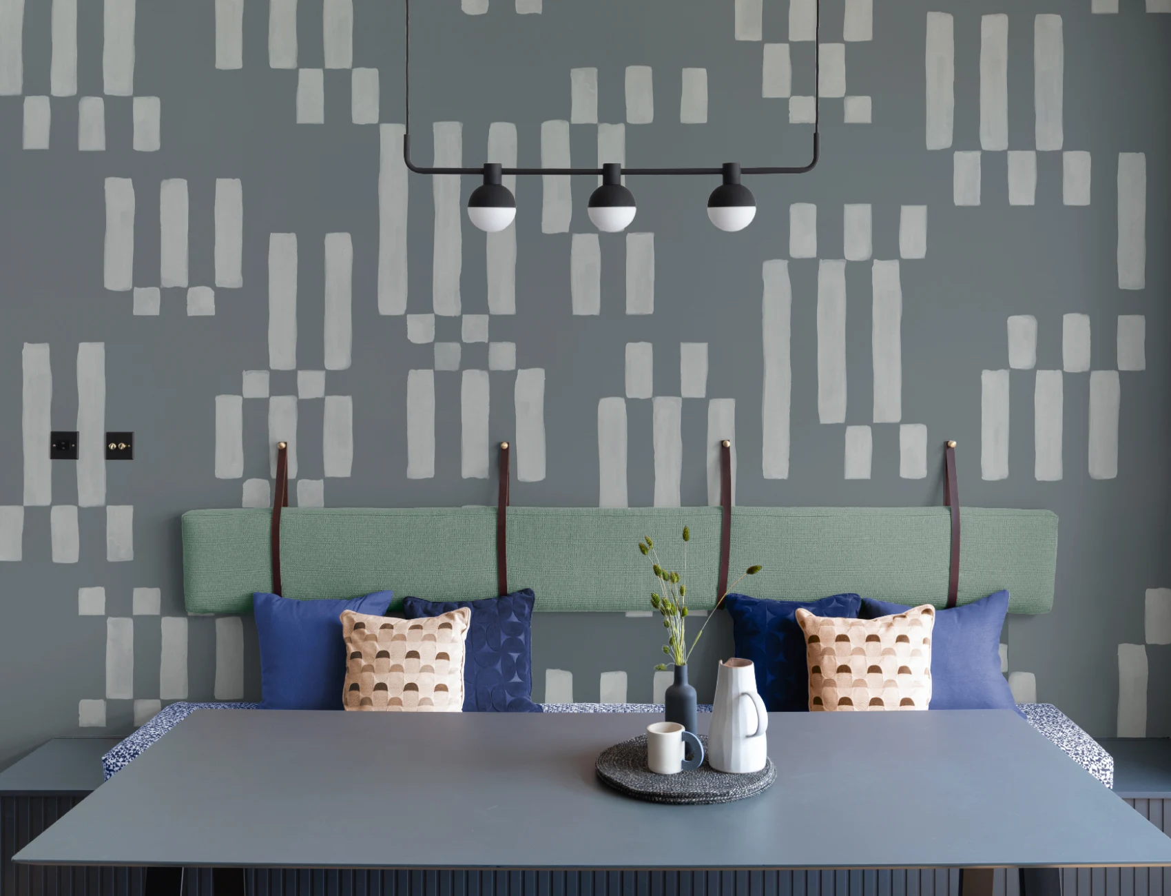 Hand Painted Block Geometric Mural in Muted Blue