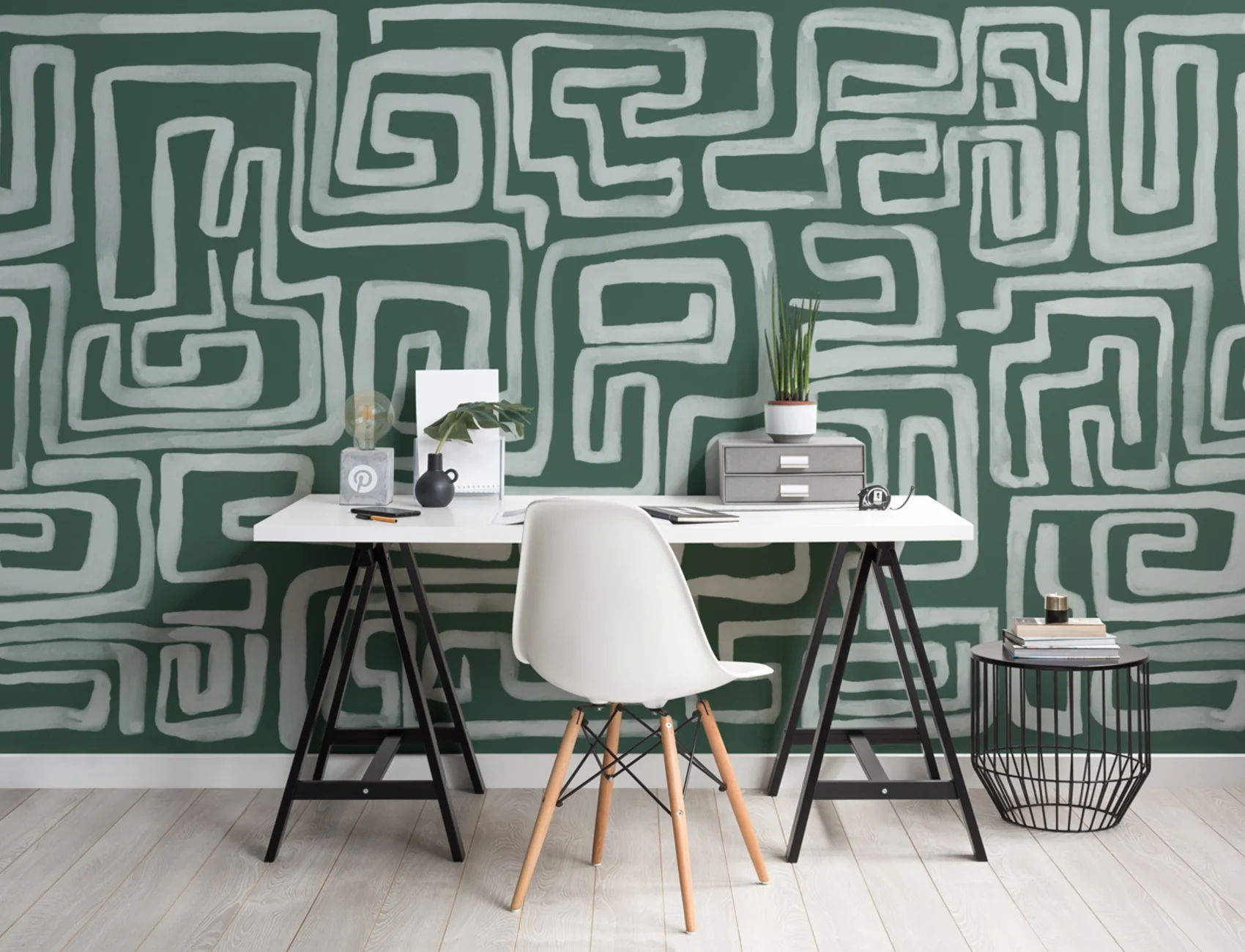 Hand-Painted Maze Pattern Mural in Emerald Green