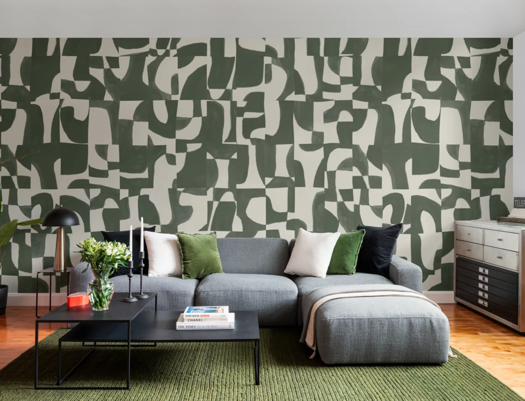 Mural de parede abstrato de musgo moderno com formas cortadas à mão e efeito texturado