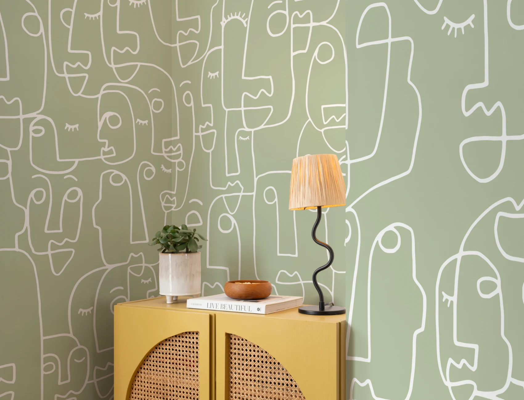 Sage & Wit Gezicht Behang Muurschildering
