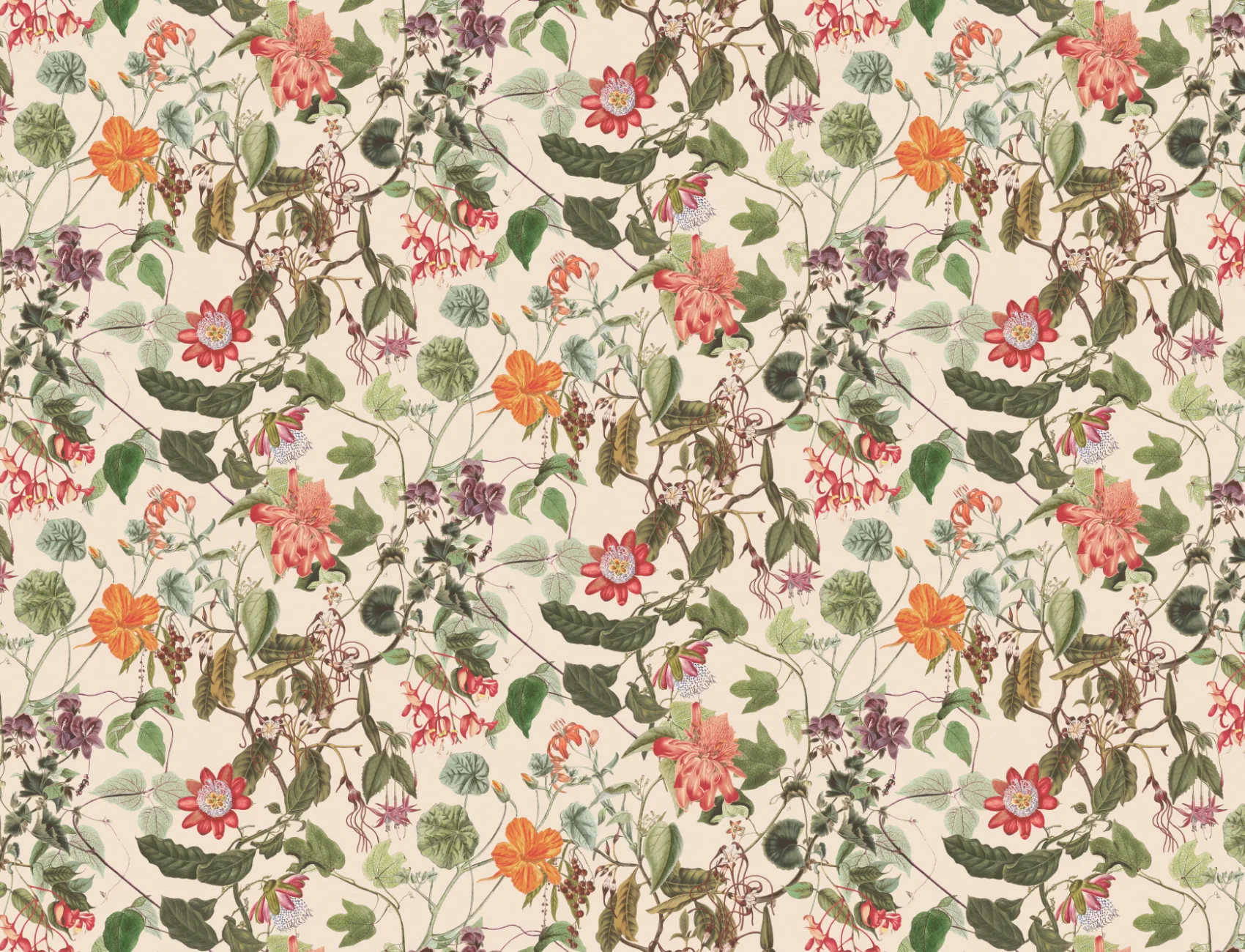 Elegant fototapet med botaniske blomster i creme