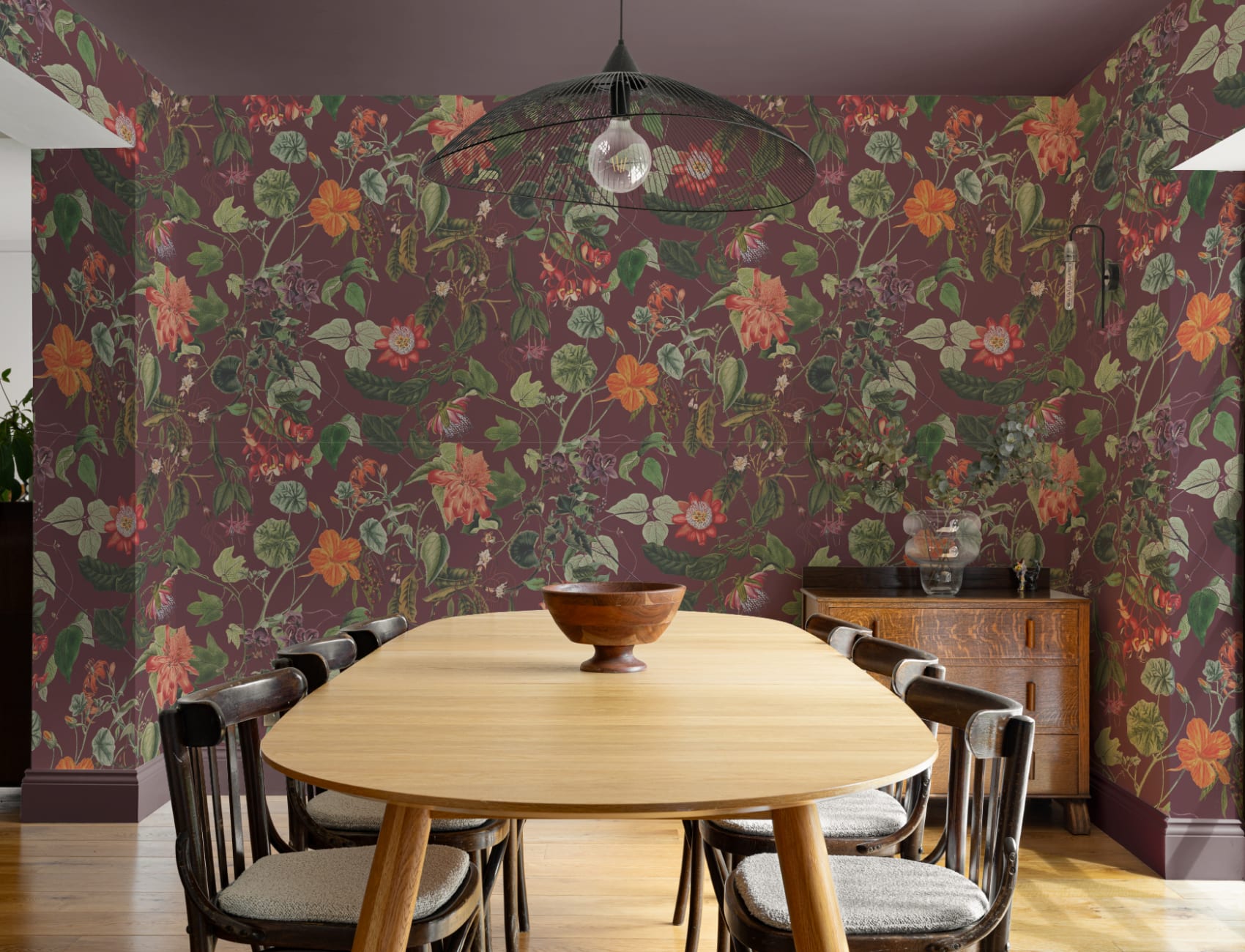 Rich Botanical Floral Wall Mural in Deep Berry Red