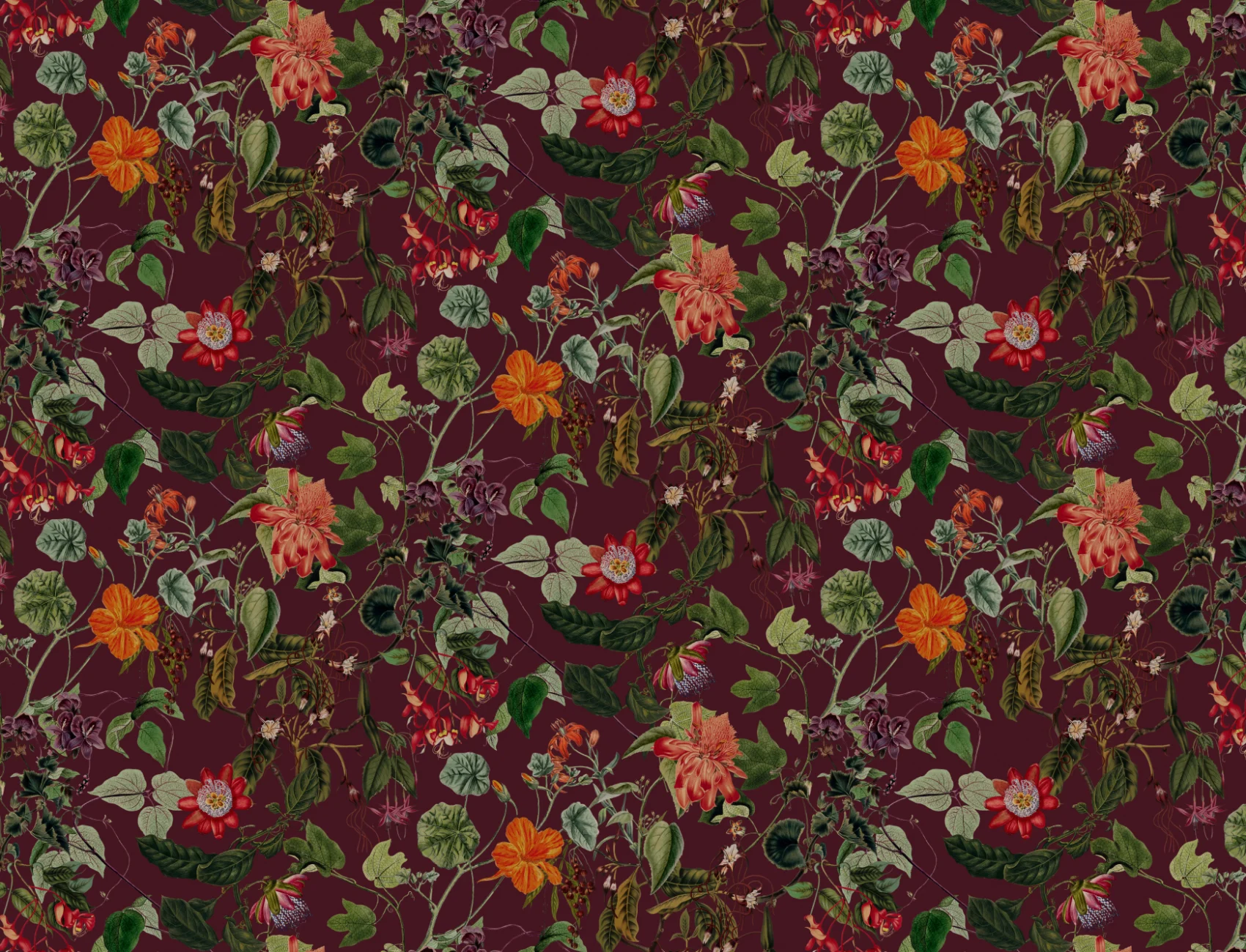 Rich Botanical Floral Wall Mural in Deep Berry Red