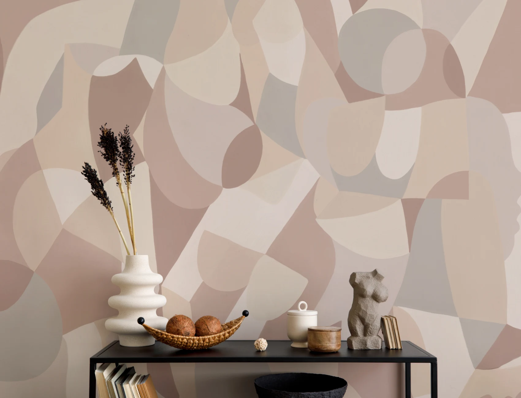 Abstrakt mural-tapeter i beige nyanser av kubistisk mänsklig form