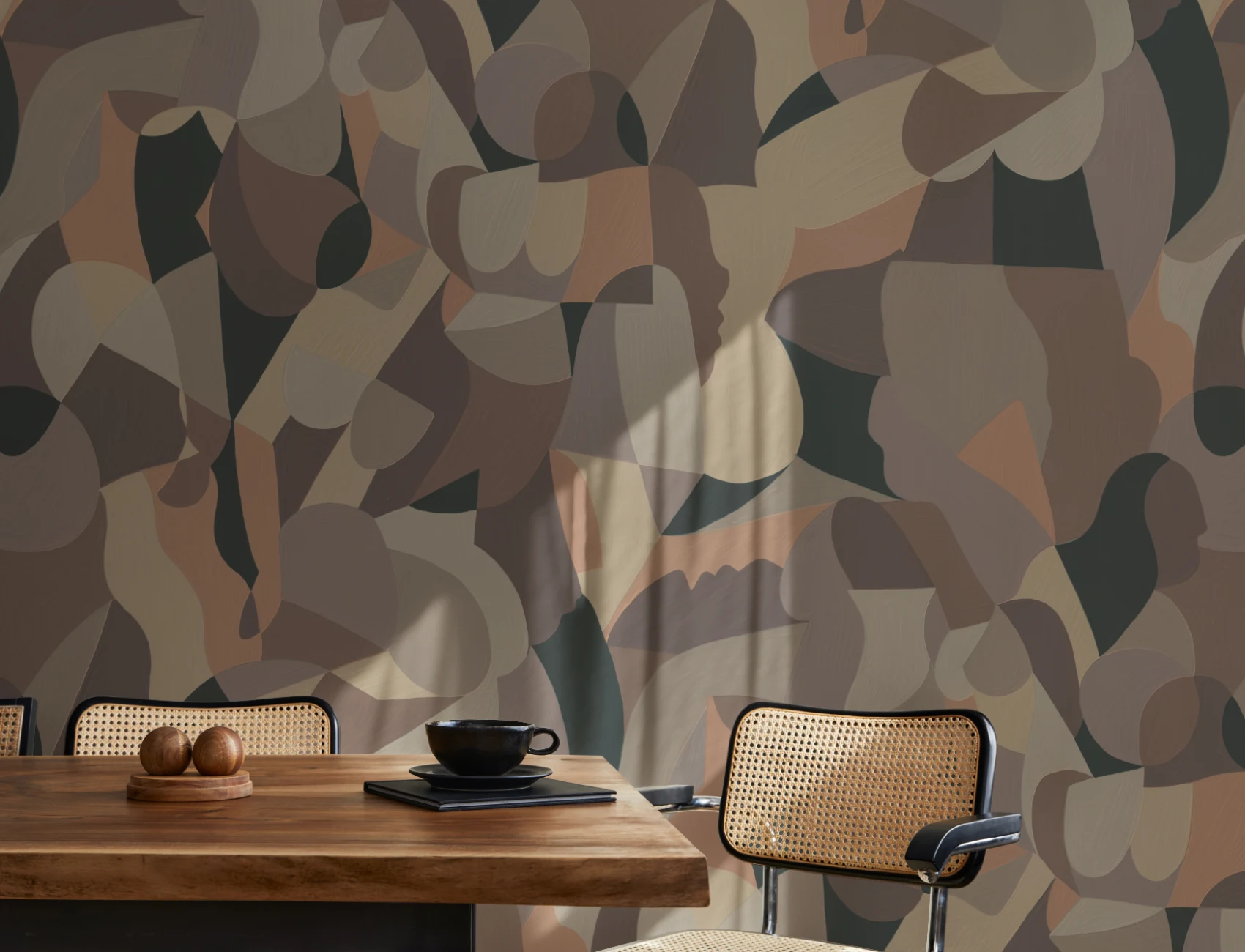 Cubist Human Form Abstract Mural in Taupe and Grey