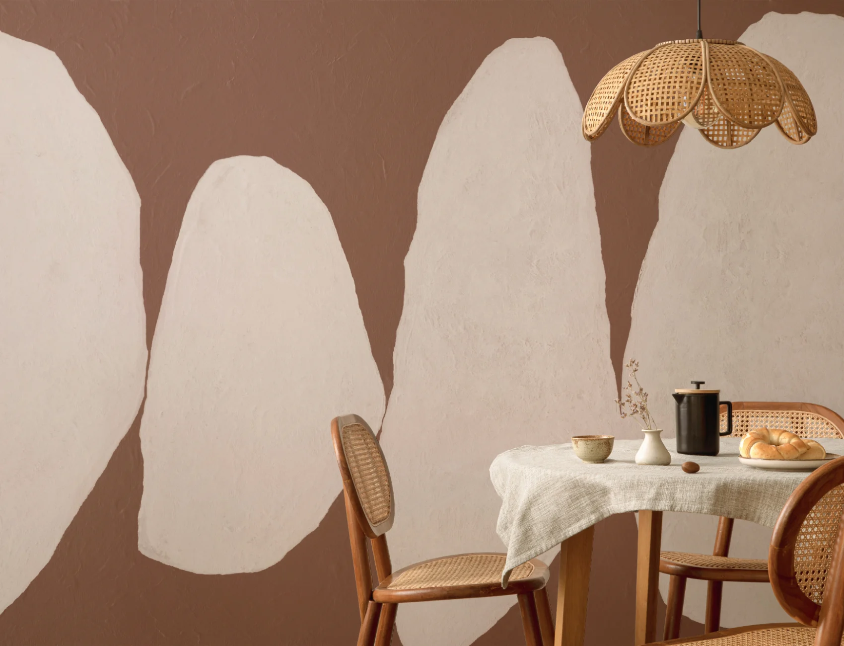 Hand-Painted Organic Form Mural in Warm Terracotta with Textured Plaster Finish