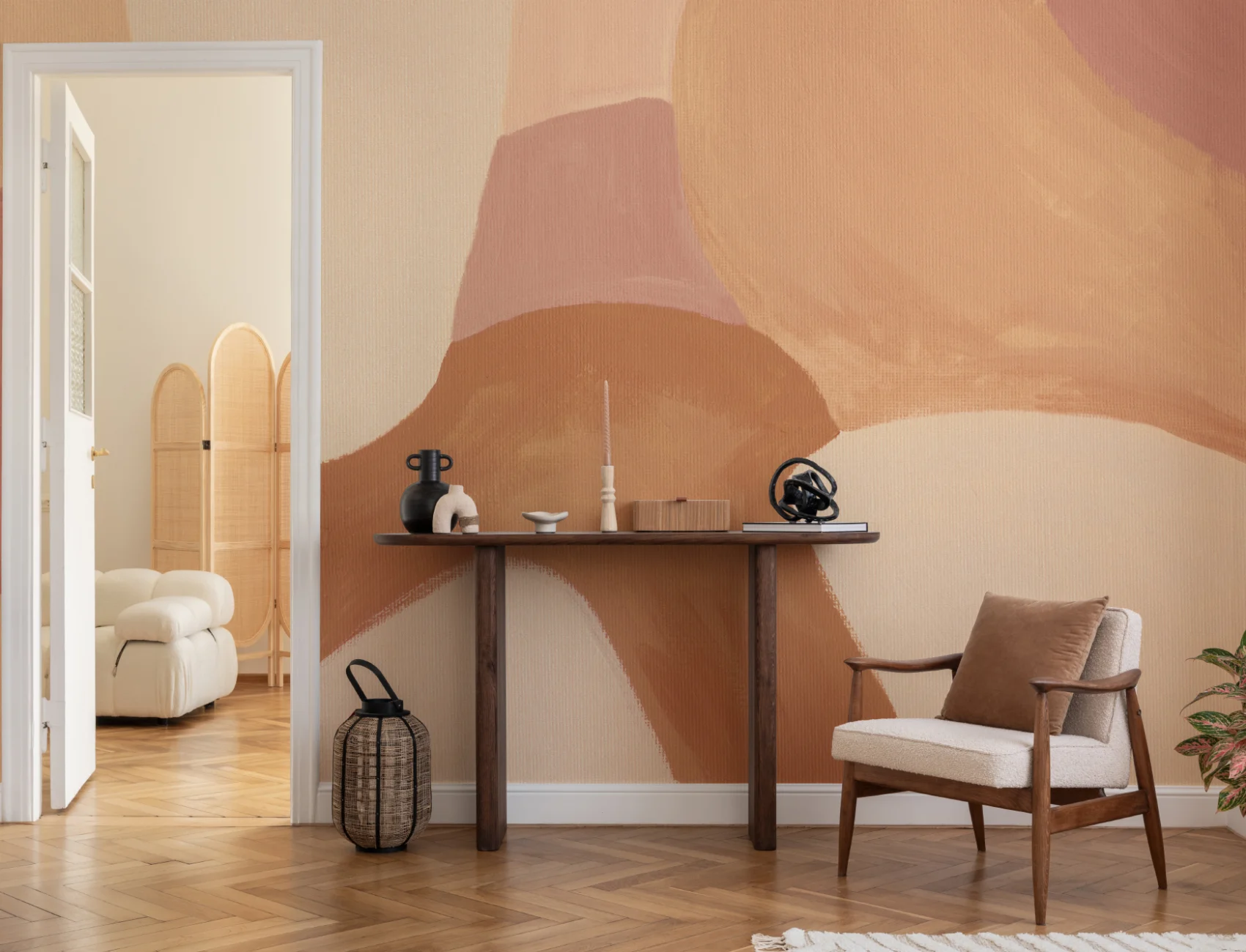 Painted Abstract Shapes Mural in Warm Neutrals