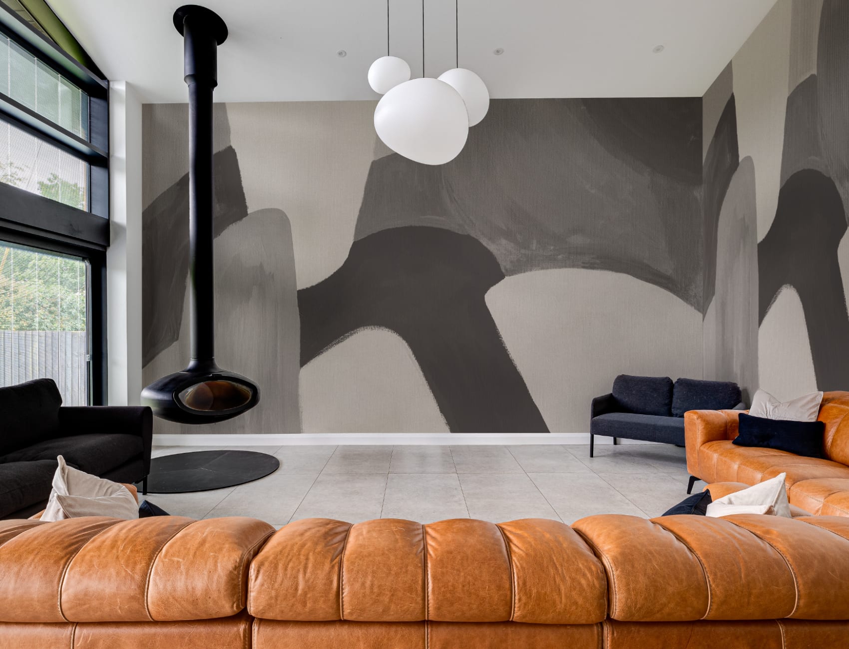 Painted Abstract Shapes Mural in Charcoal and Taupe