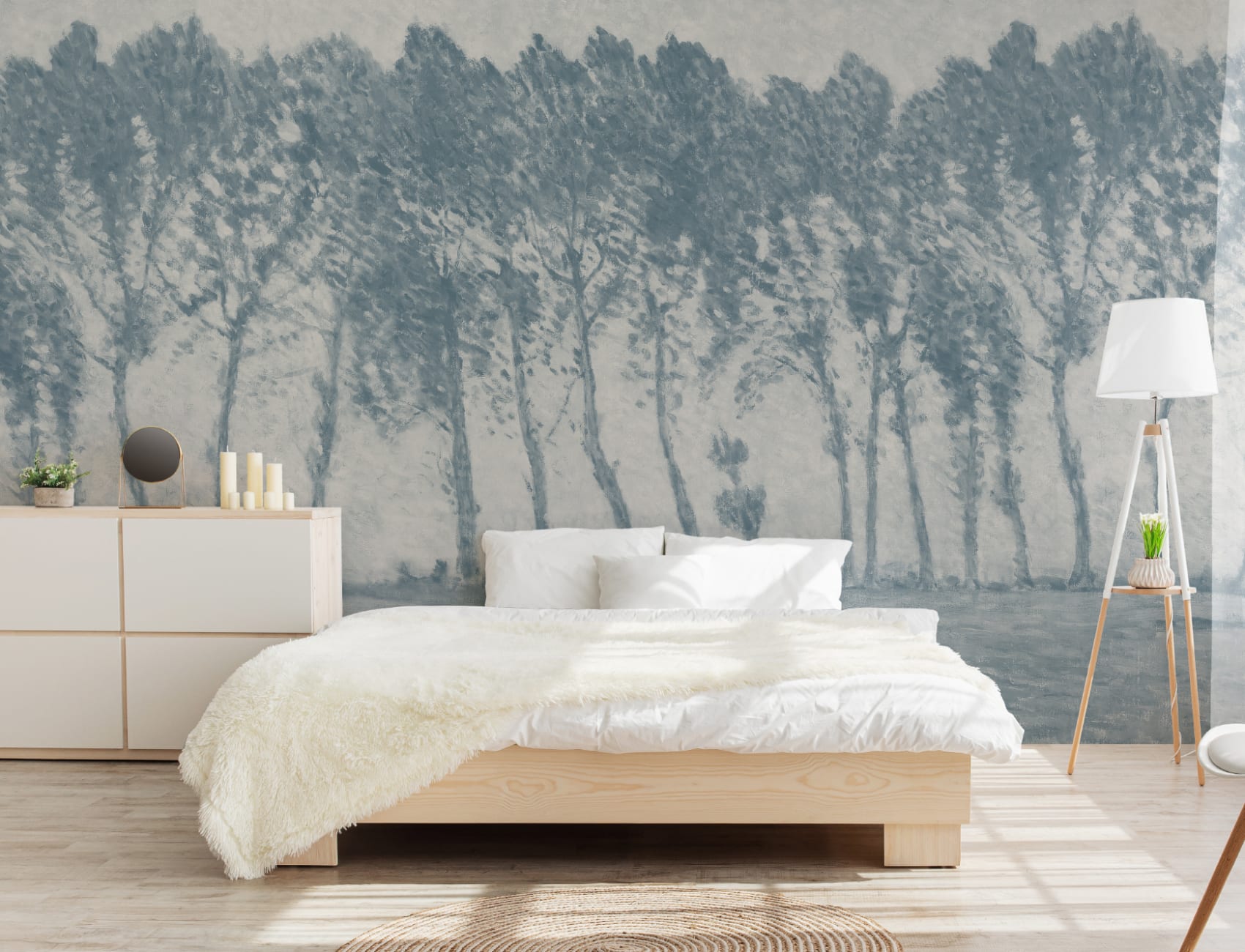 Vintage Rainy Forest Wall Mural in Atmospheric Blues