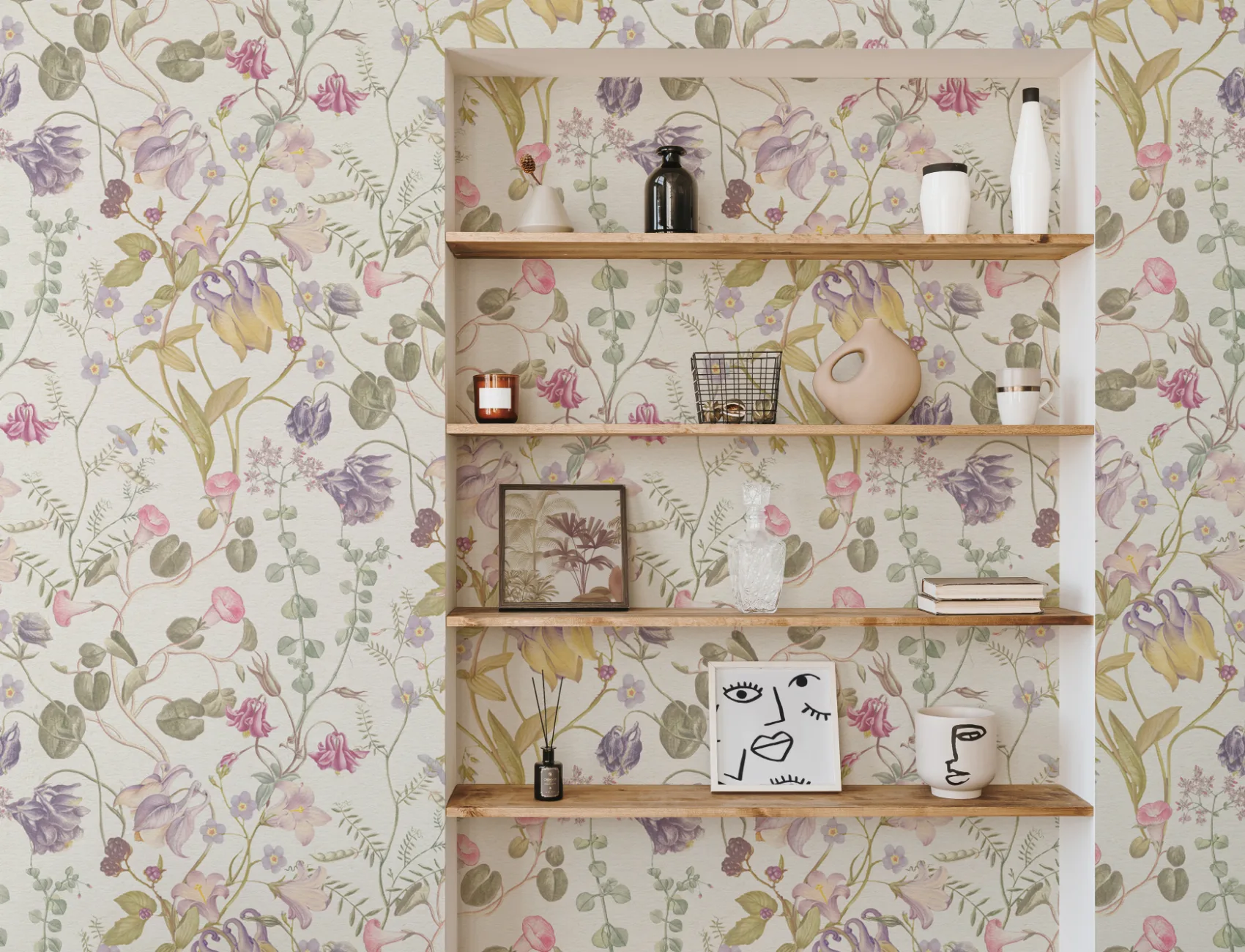 Evelina Pink Floral Wallpaper with Hand Drawn Vintage Botanical Pattern