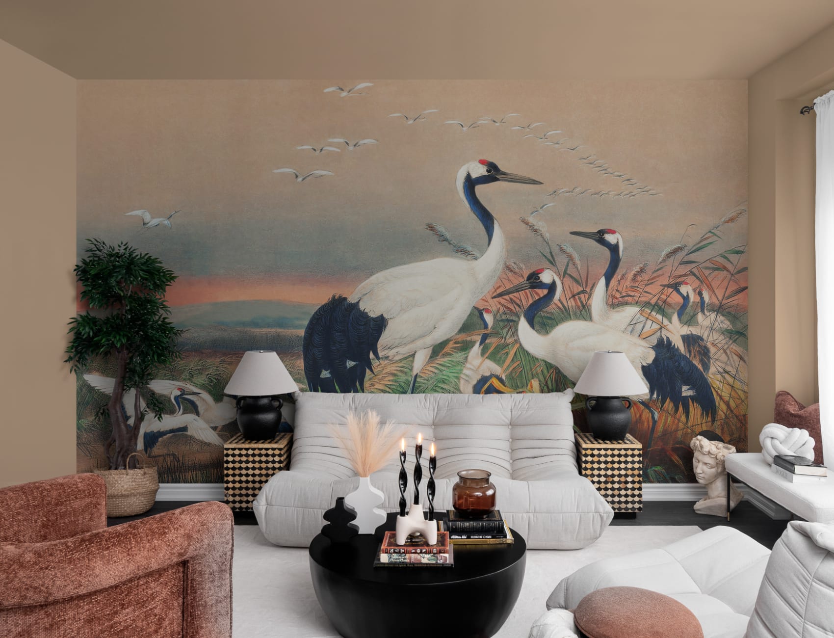 Hand-Painted Cranes In Wetlands Wall Mural By Joseph Wolf - Hovia