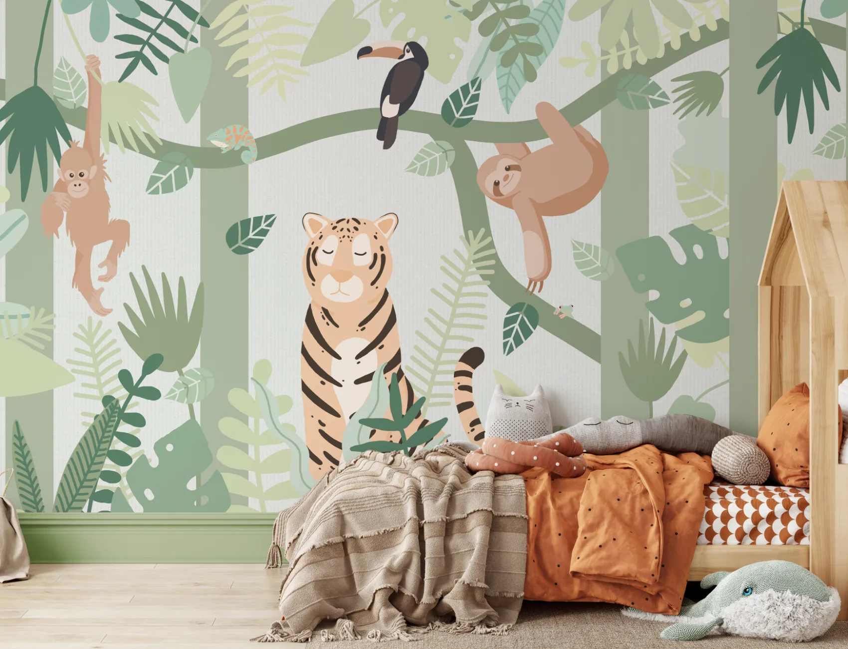 Carta da parati per bambini con amici animali della giungla verde
