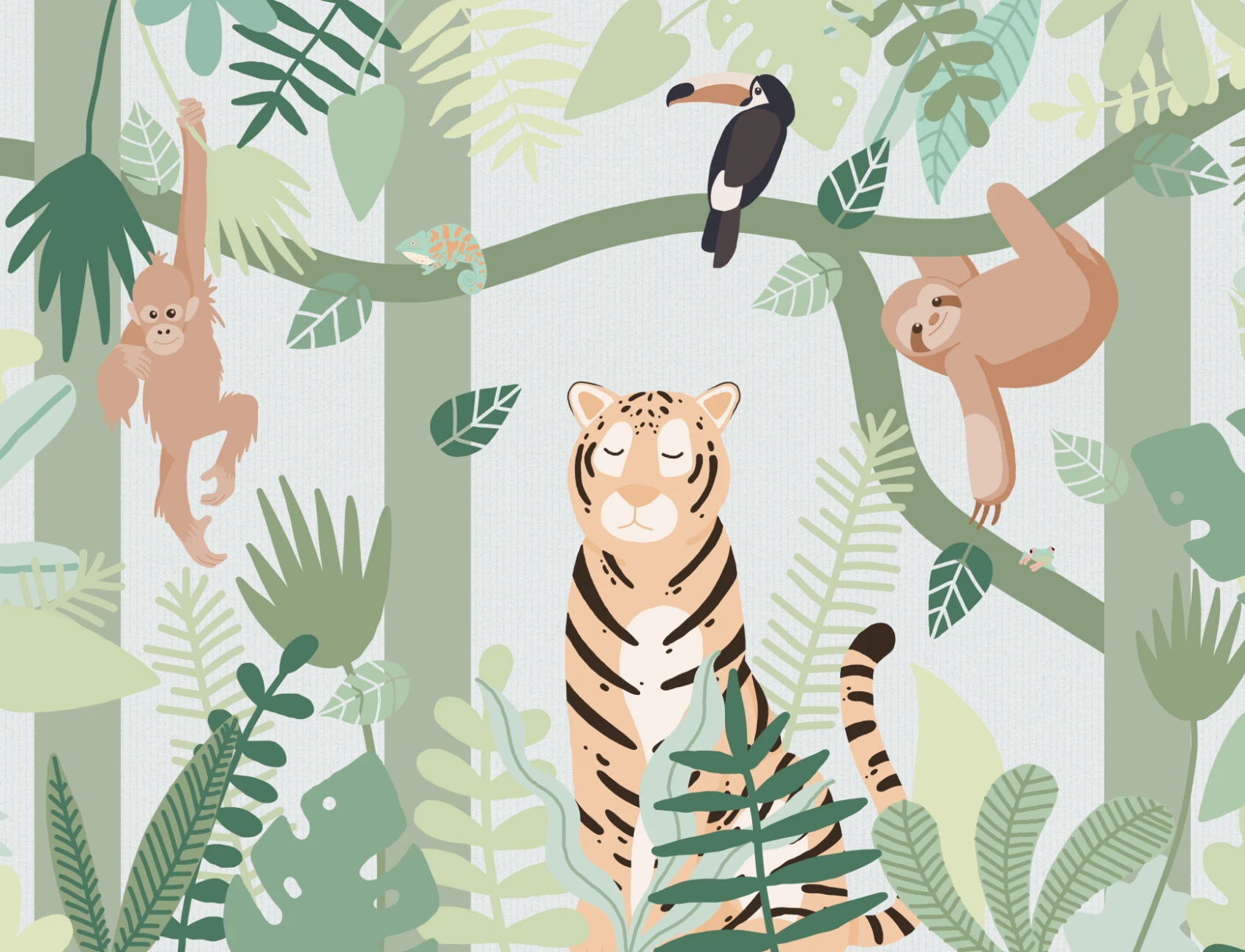 Carta da parati per bambini con amici animali della giungla verde