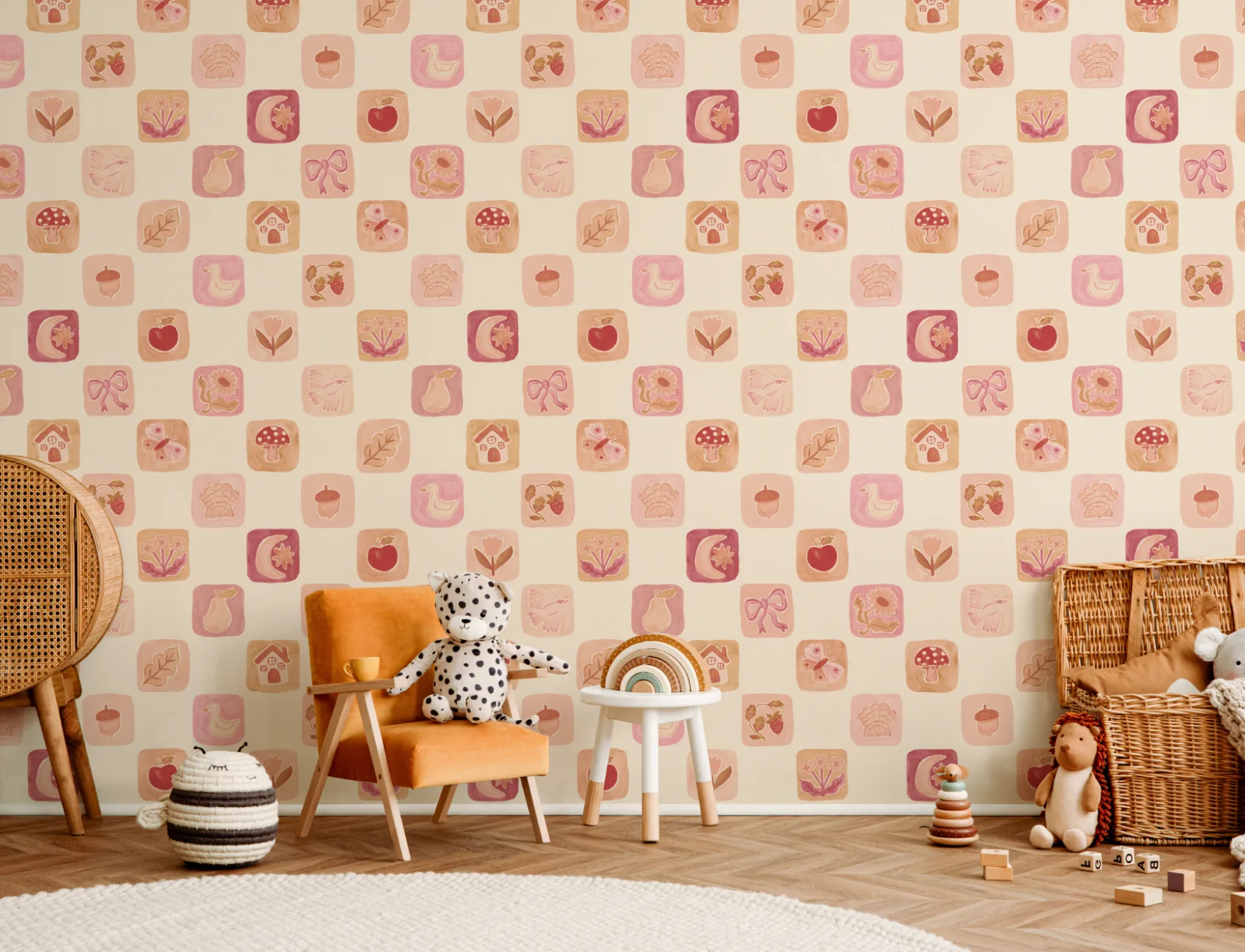 Carta da parati rosa vintage con motivi patchwork per bambini