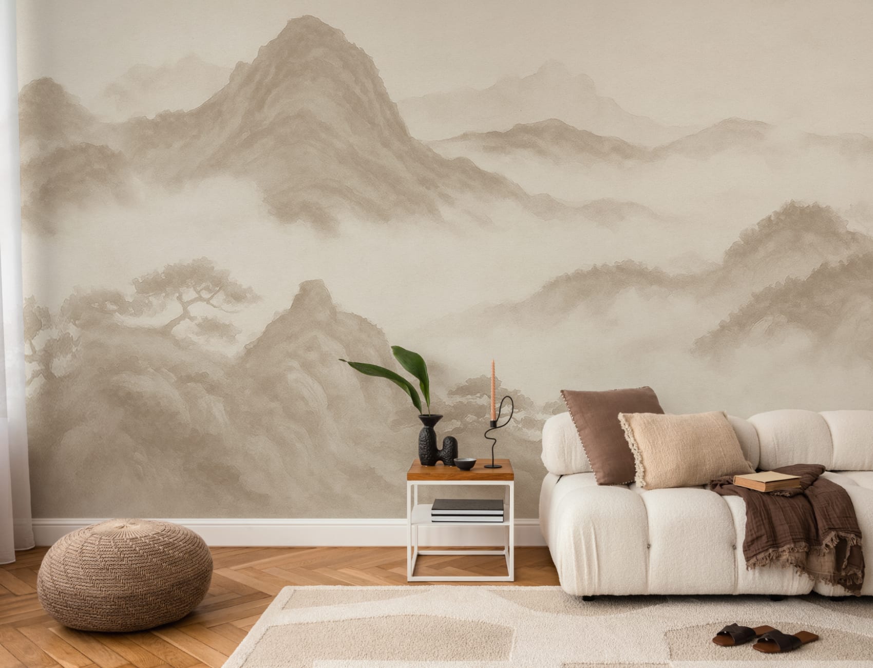 Neutrale muurschildering van Japandi berglandschap
