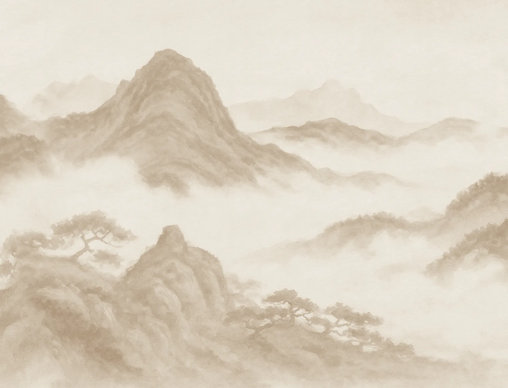 Neutrale muurschildering van Japandi berglandschap