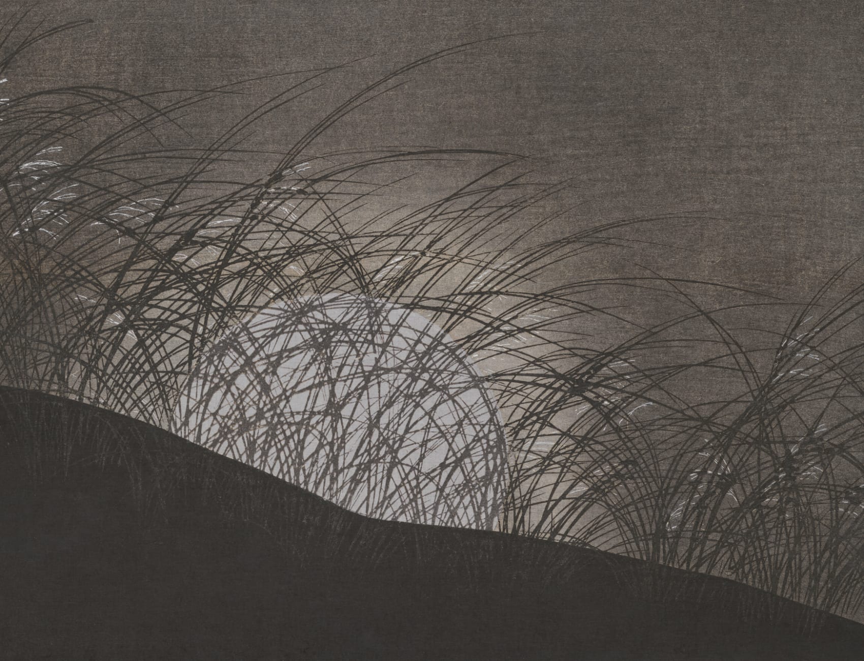 Papier peint panoramique de la nature Japandi Scène d'herbe sombre Komorebi