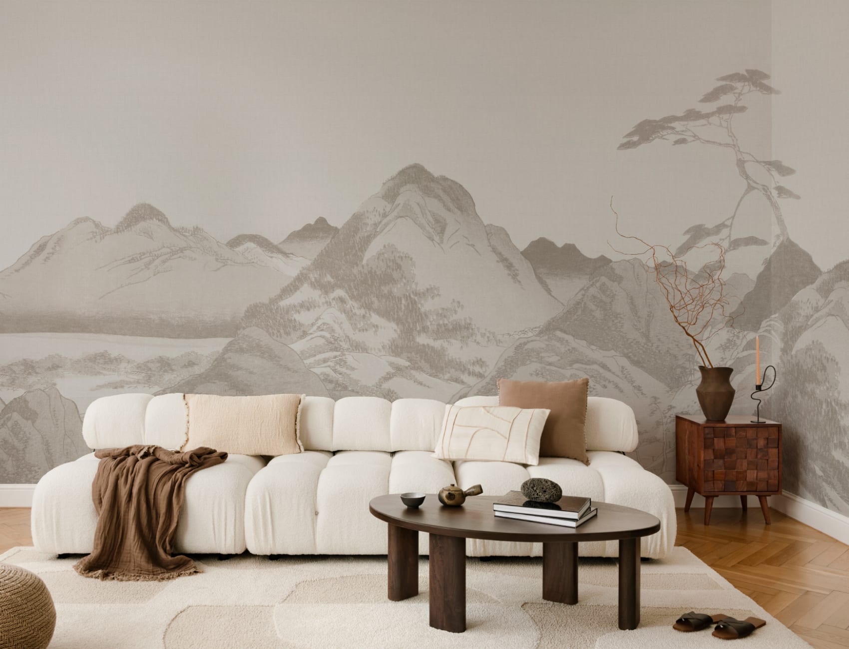 Scenic Beige Japanese Art Mountain Landscape Mural