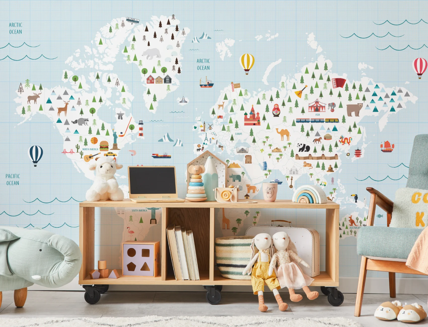 Cartoon Blue Grid Paper World Map Wallpaper Mural