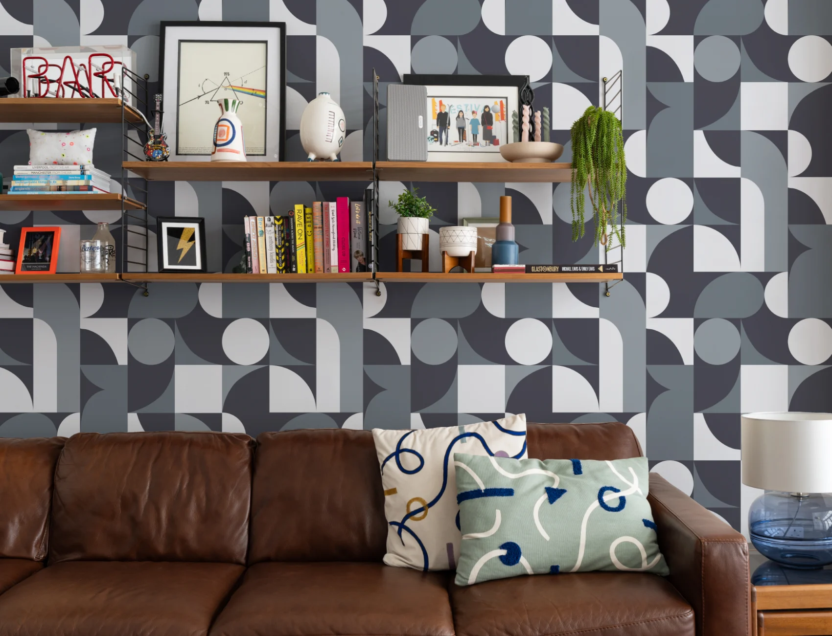 Blue Mid-Century Geometric Collage Wall Mural
