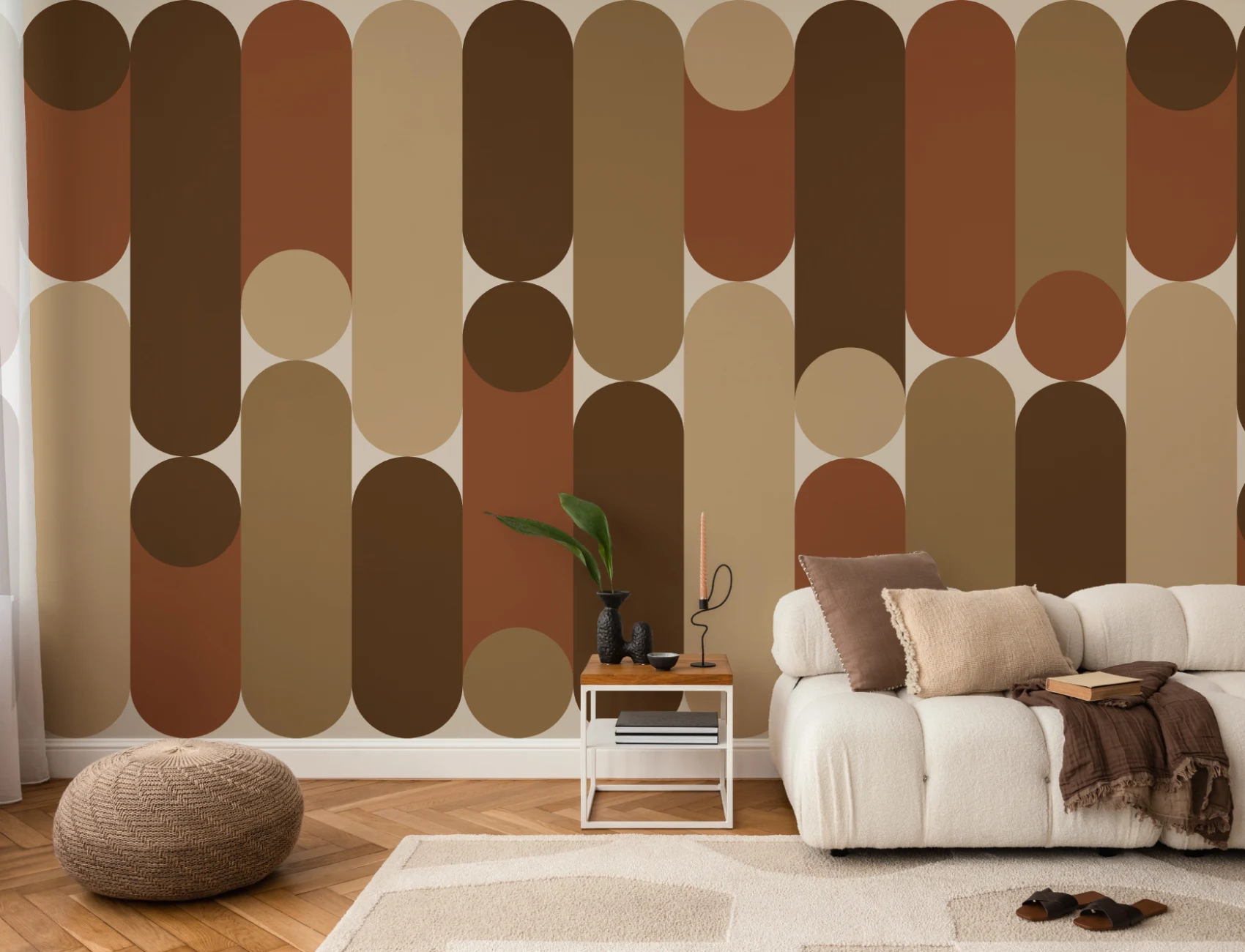 Varm geometrisk mitten av århundradet modern brun kapsel mural-tapeter