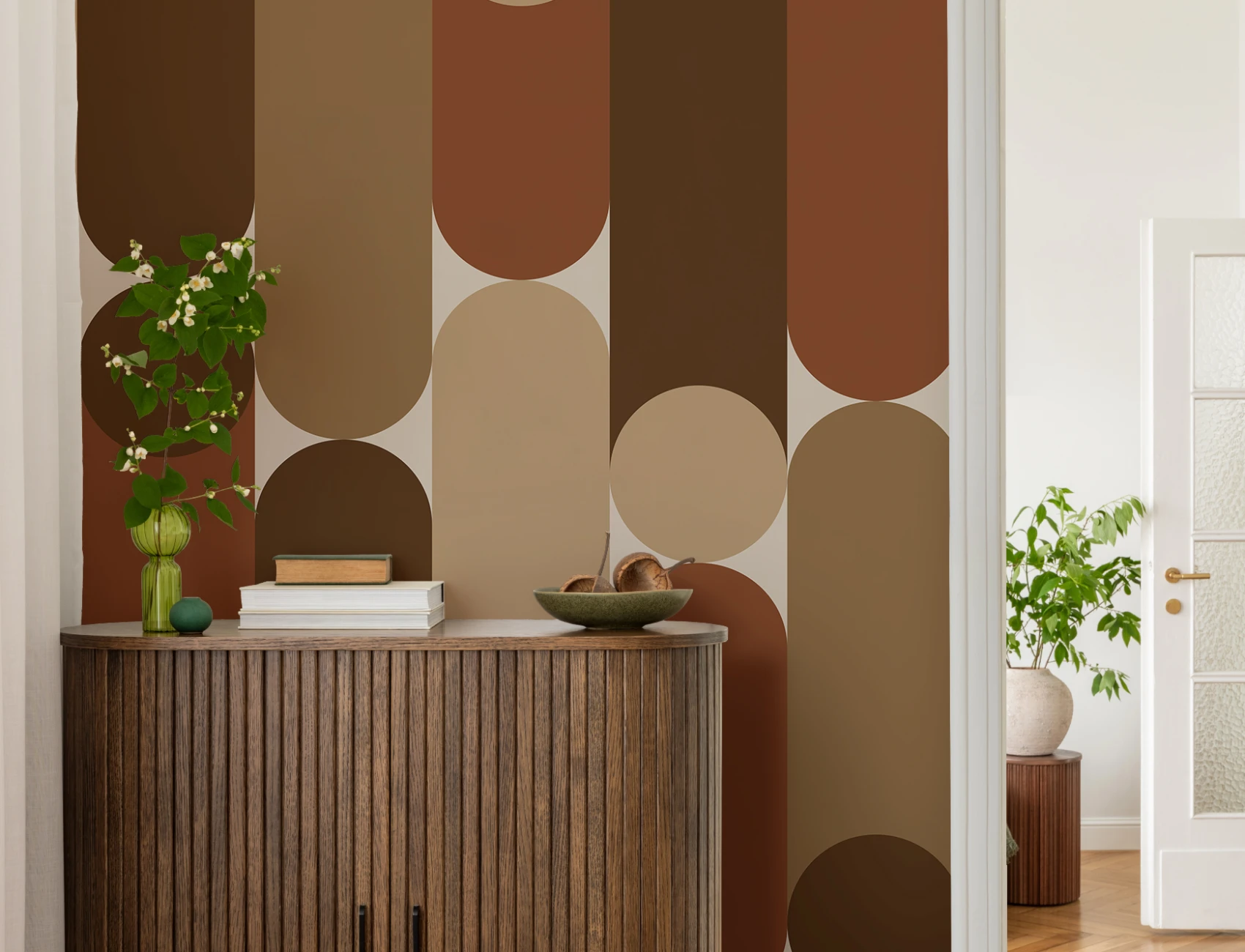 Varm geometrisk mitten av århundradet modern brun kapsel mural-tapeter