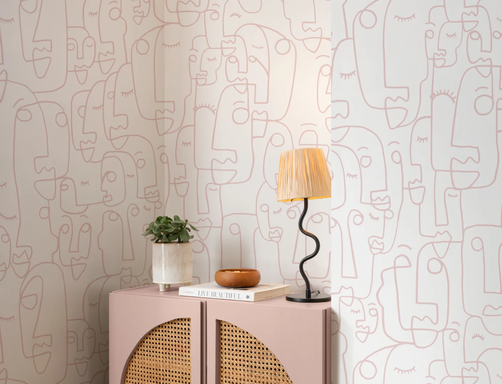 Dusty Pink Line Drawing Face Wallpaper Mural