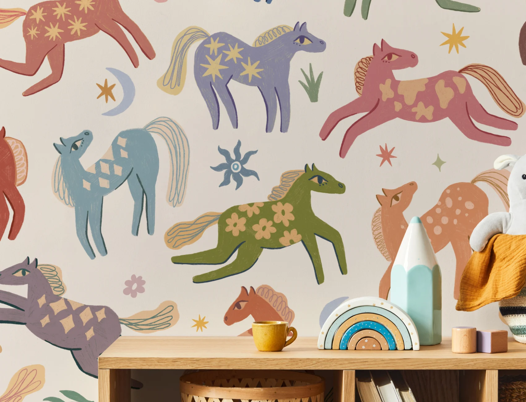Flerfarget Pony Whimsy Animal Fun fototapet for barn