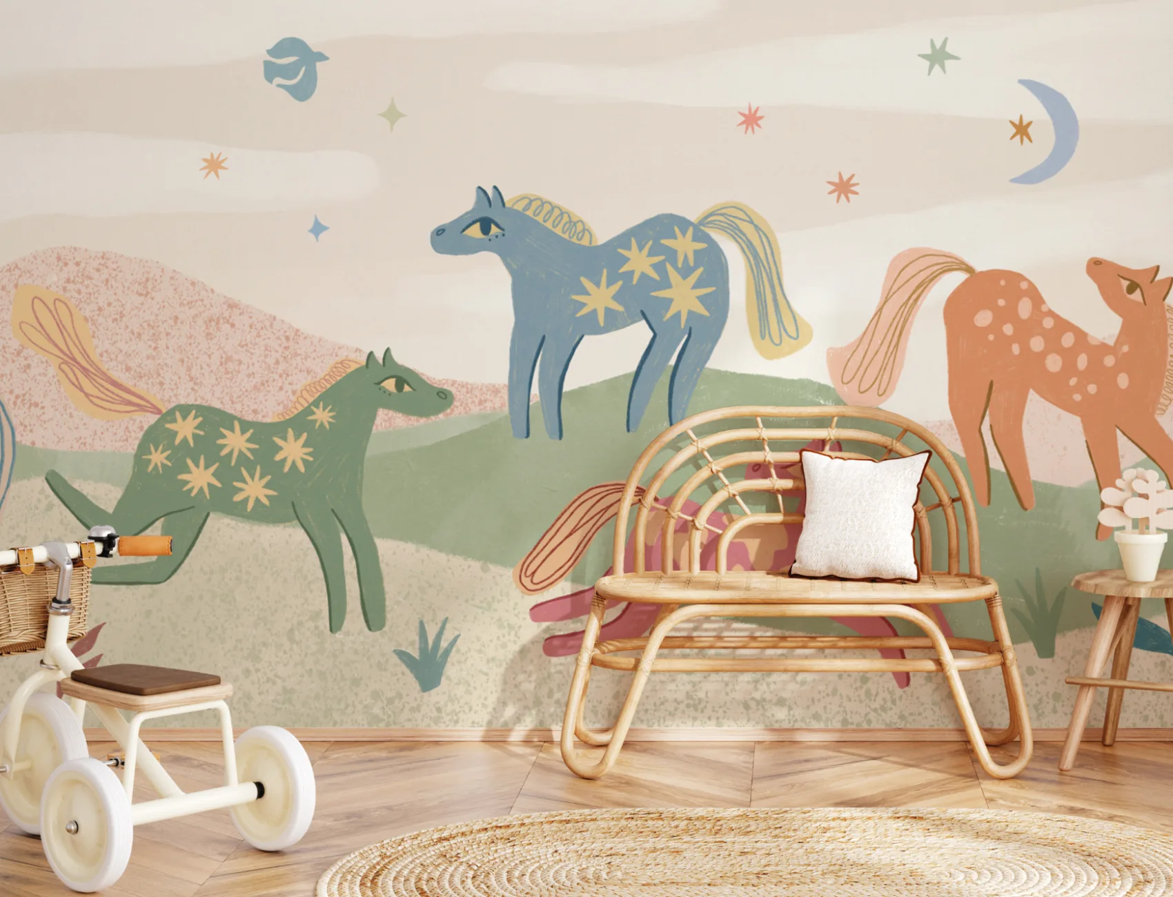 Multicolor Celestial Fantasy Kids' Horse Adventure Mural