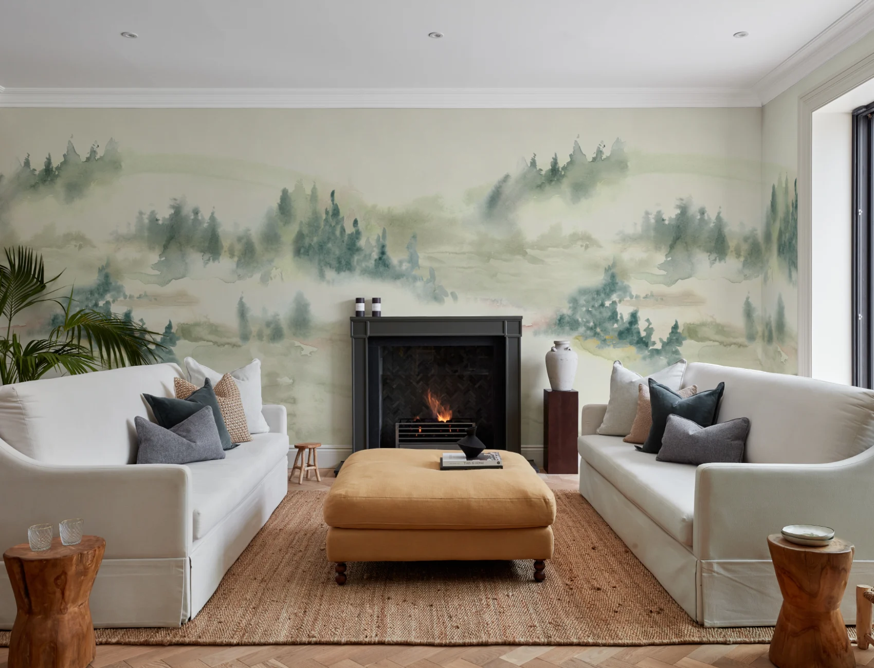 Green Serene Landscape Watercolor Mural For Tranquil Spaces