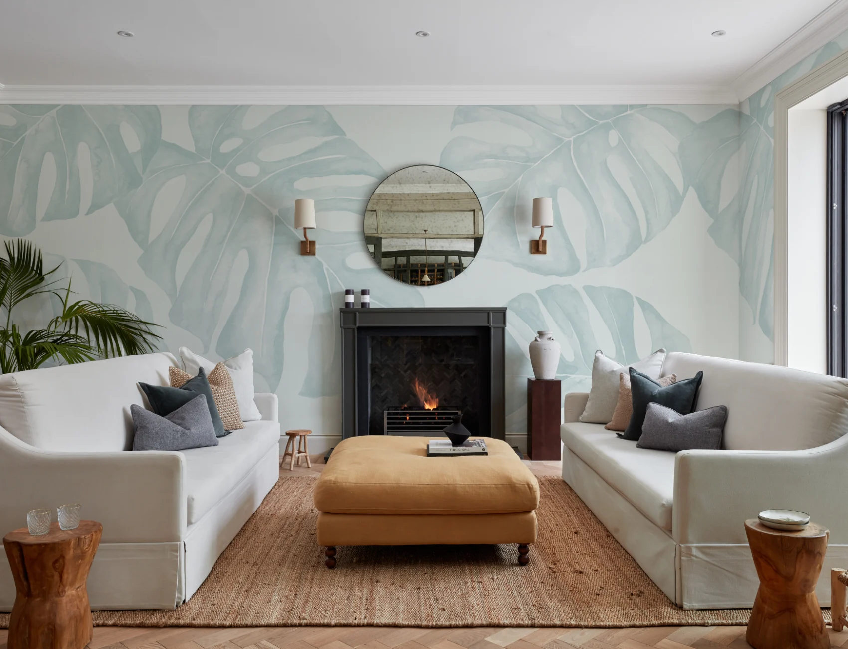 Blue Watercolor Monstera Leaf Mural