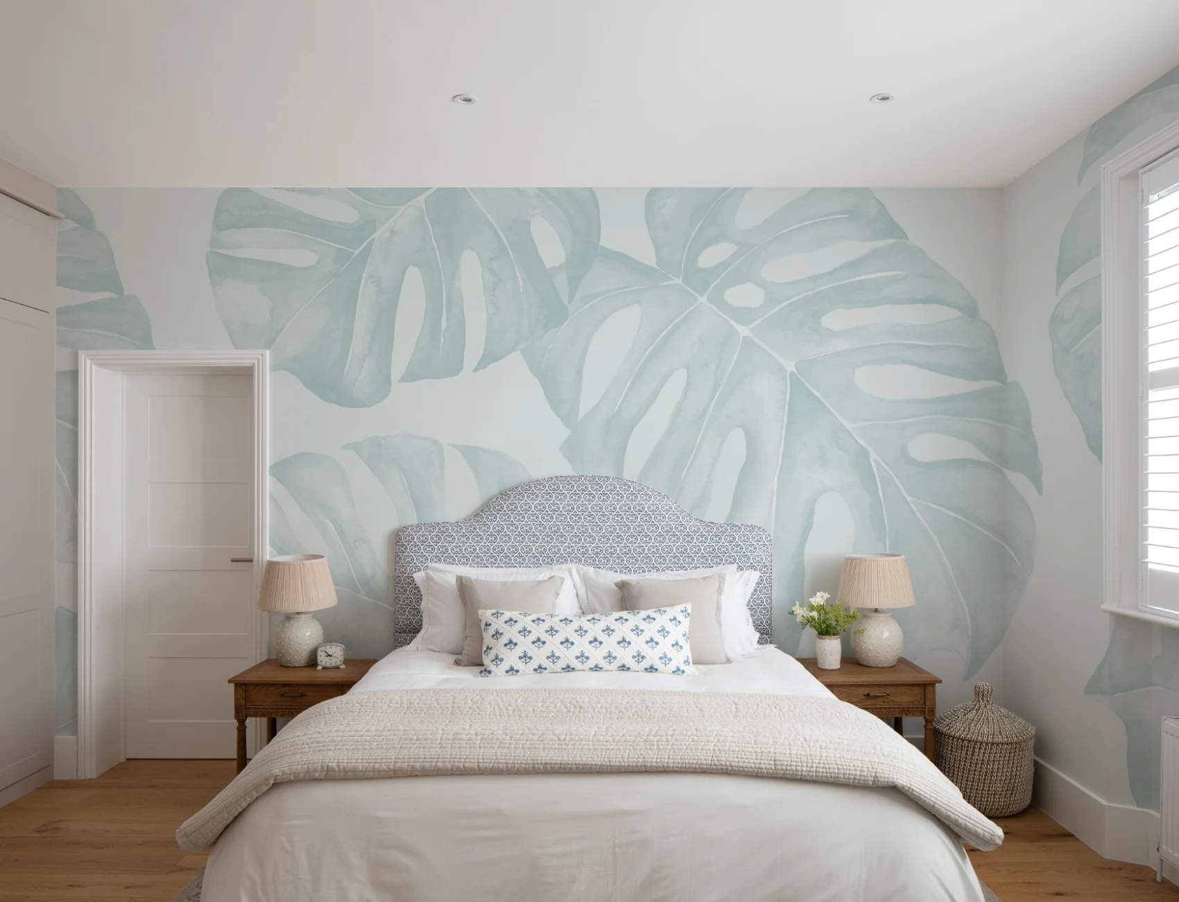 Blue Watercolor Monstera Leaf Mural