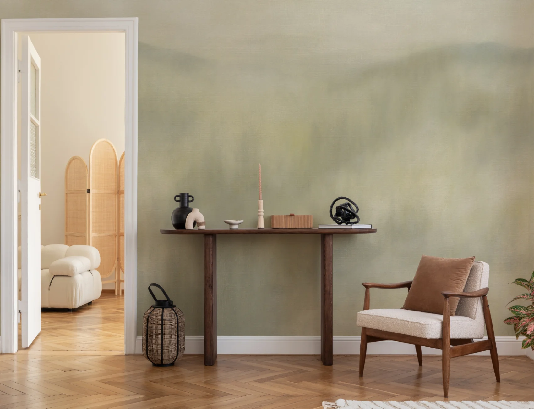 Mistwood Green Abstract Nature Living Room Mural