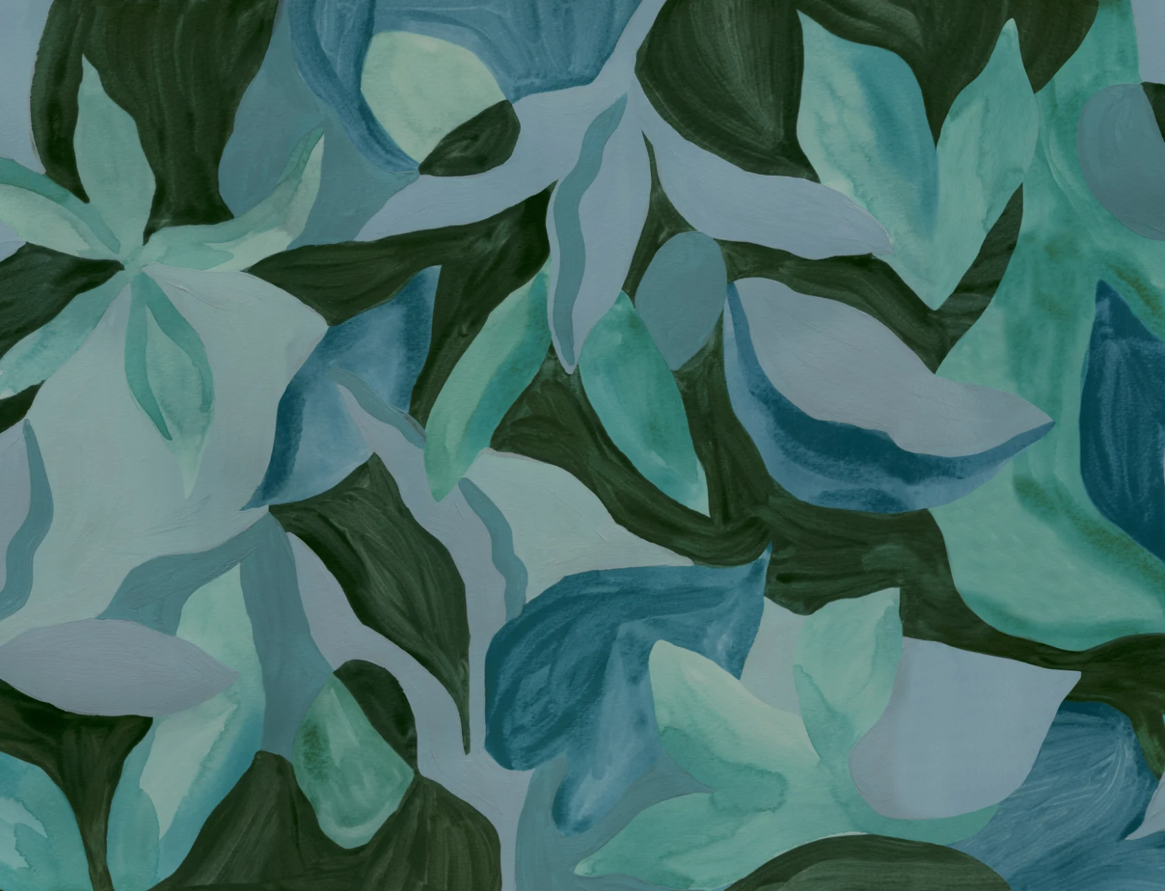 Blue Botanical Serene Leaves Mural