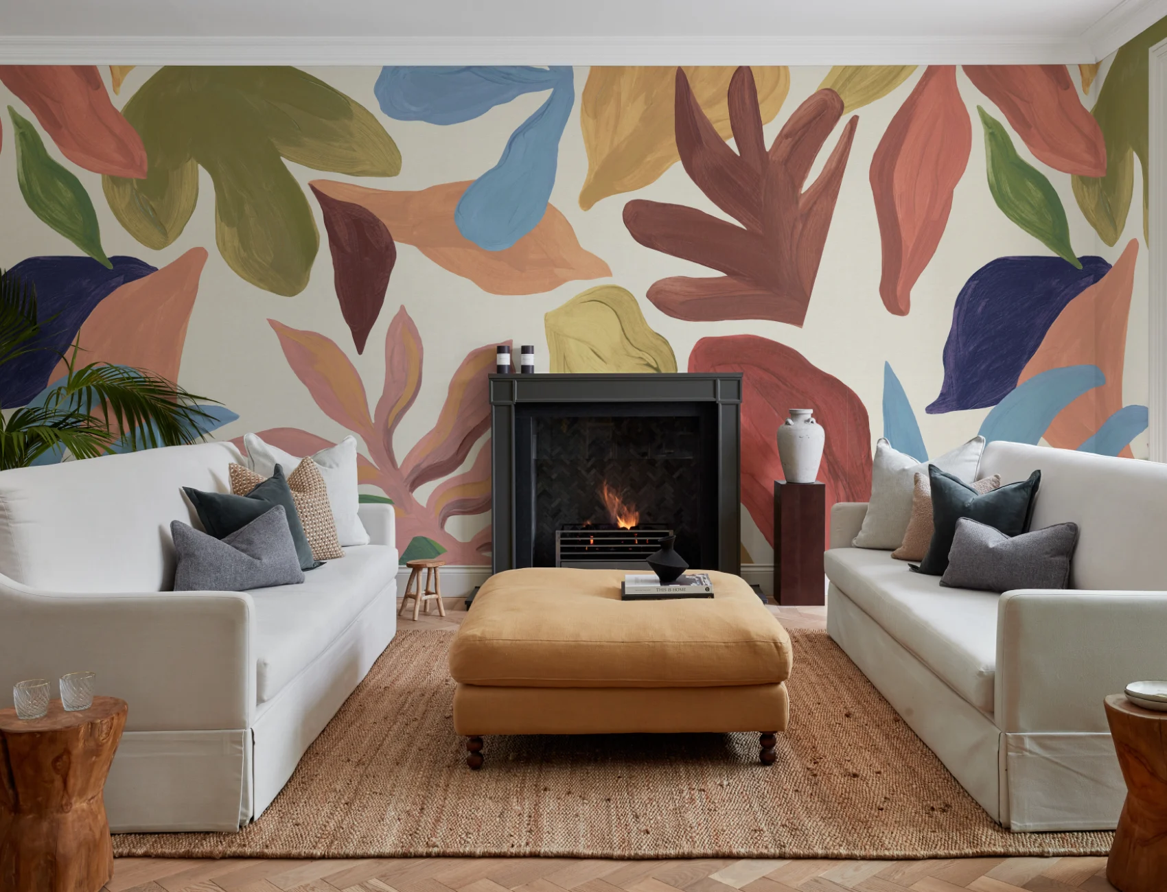 Veelkleurige abstracte areca-muurschildering met pasteluitstraling