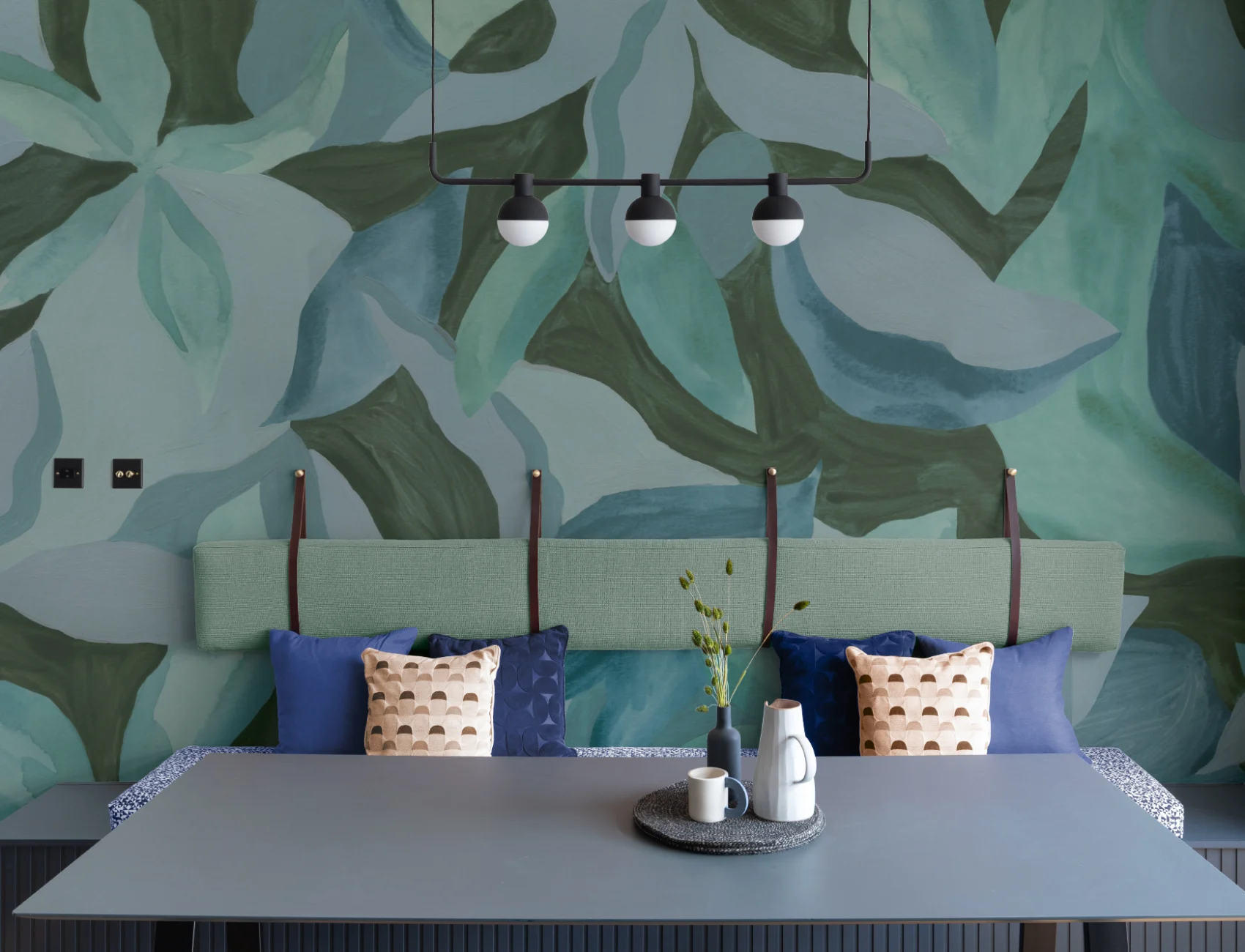 Blue Botanical Serene Leaves Mural