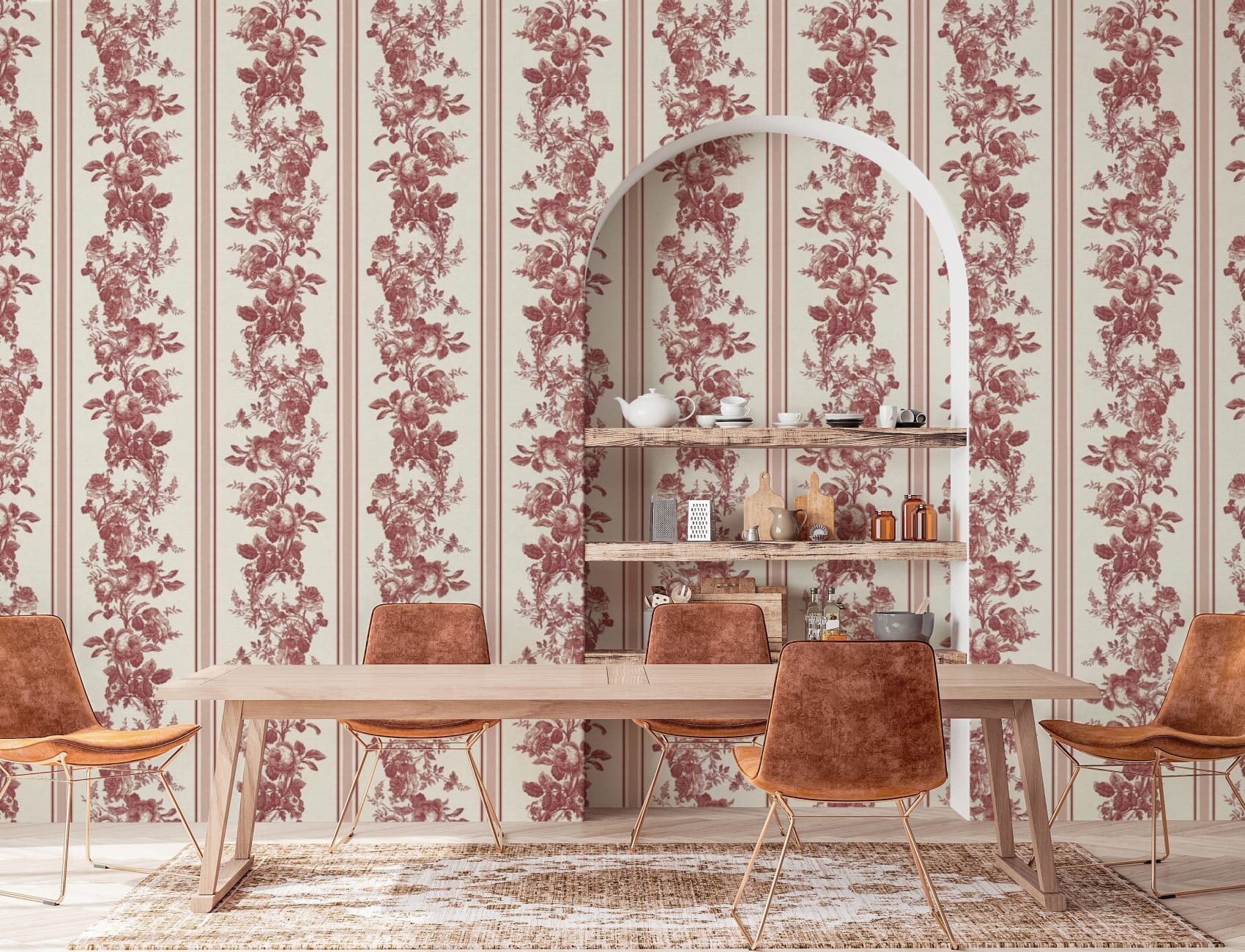 Rode vintage bloemenstreep muurschildering