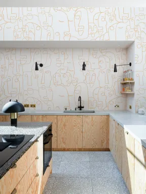 Papier Peint Panoramique Profils de Visages Dessinés en Beige