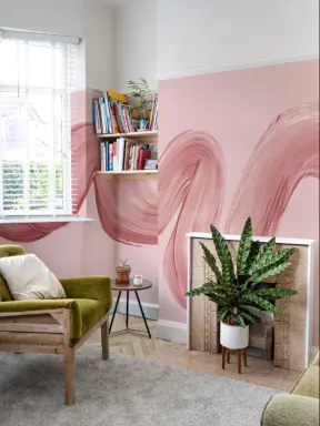 Papier Peint Panoramique Abstrait avec Ornement Ondulé de Peinture Rose