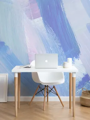 Papier Peint Panoramique Abstrait Avec des Coups de Pinceau Bleus et Roses