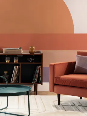 Papier Peint Panoramique des Années 70 avec Coucher de Soleil Géométrique